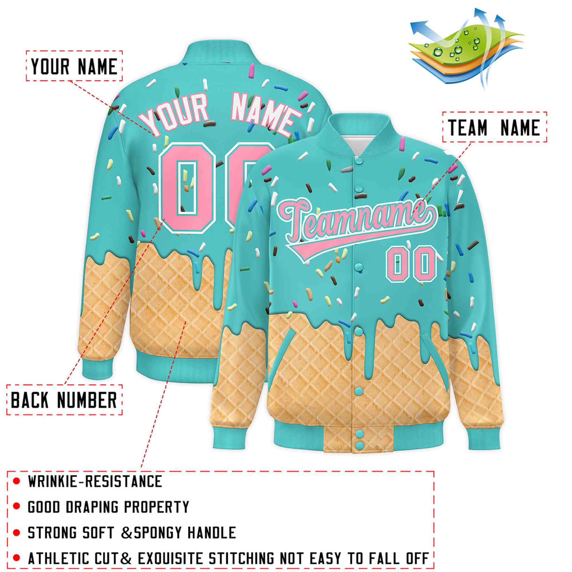 Custom Teal Ice Cream Cone Graffiti Pattern Full-Snap Varsity Letterman Jackets| KXKSHOP