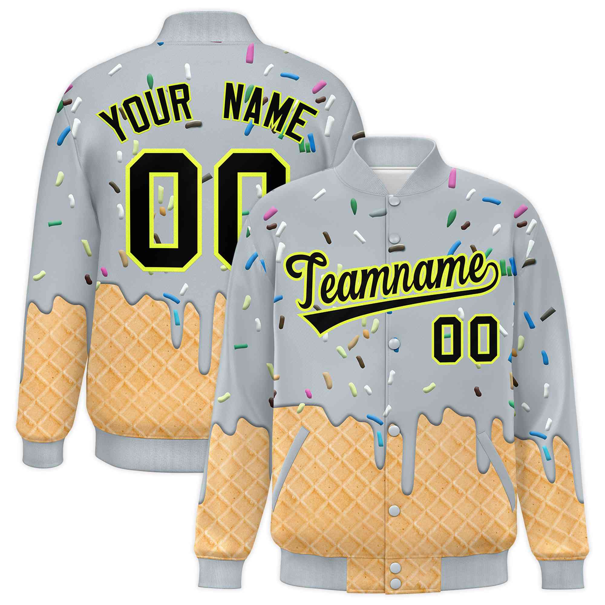 Custom Silver Ice Cream Cone Graffiti Pattern Full-Snap Varsity Letterman Jackets| KXKSHOP