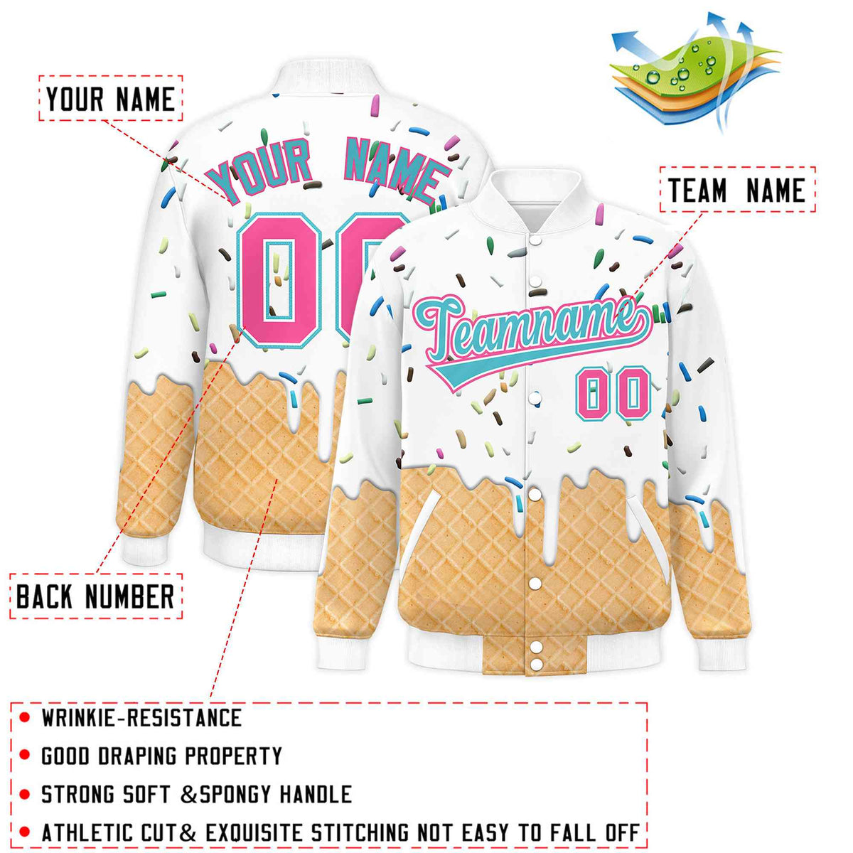 Custom White Ice Cream Cone Graffiti Pattern Full-Snap Varsity Letterman Jackets| KXKSHOP