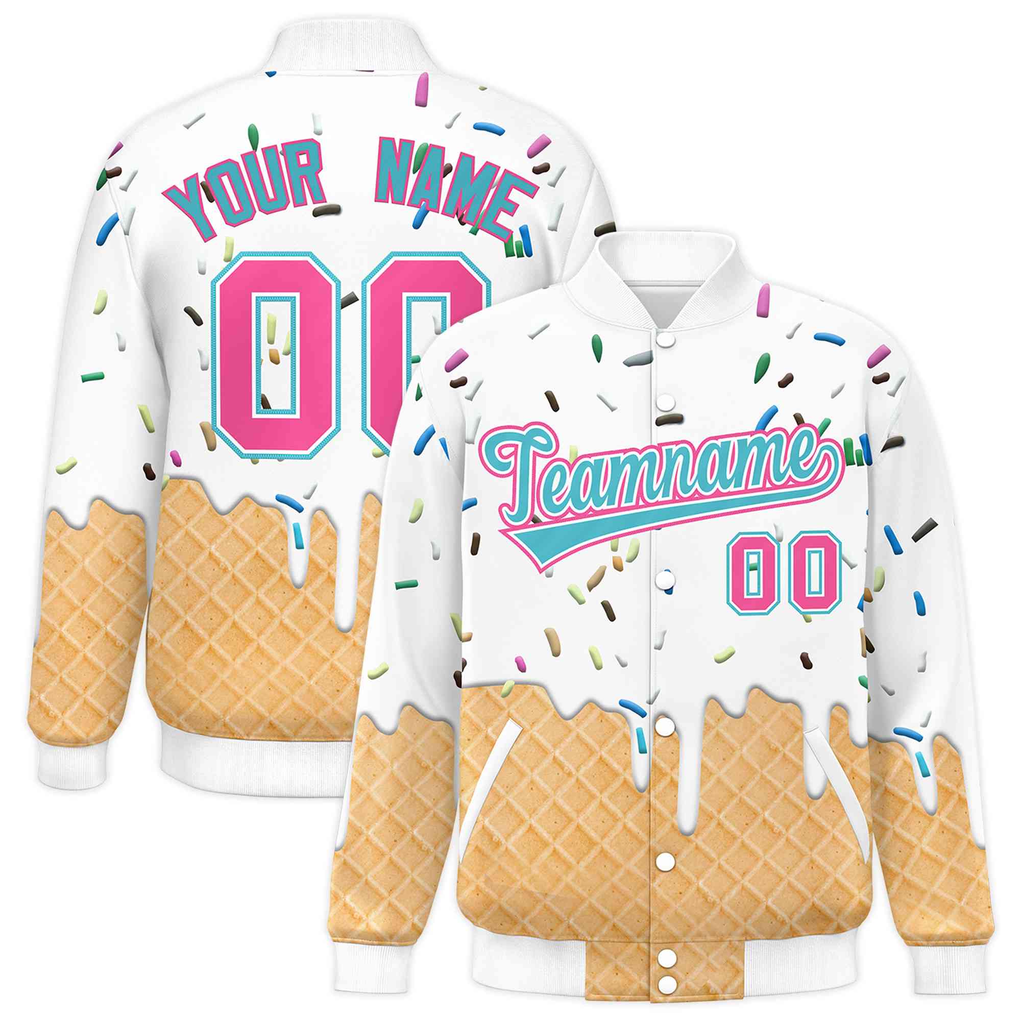 Custom White Ice Cream Cone Graffiti Pattern Full-Snap Varsity Letterman Jackets| KXKSHOP
