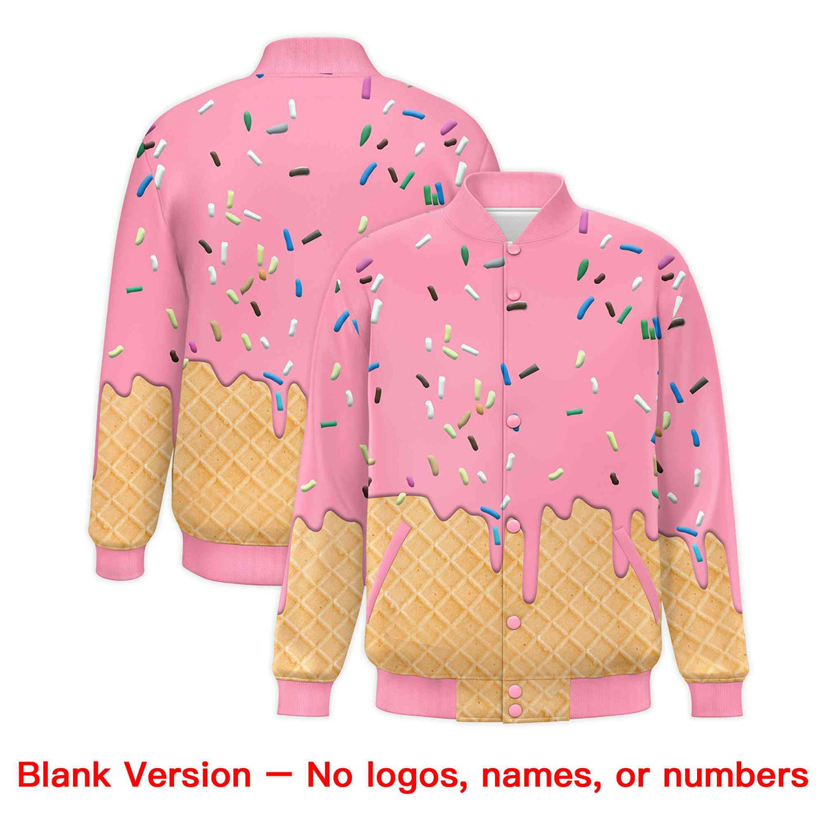 Custom Light Pink Ice Cream Cone Graffiti Pattern Full-Snap Varsity Letterman Jackets| KXKSHOP
