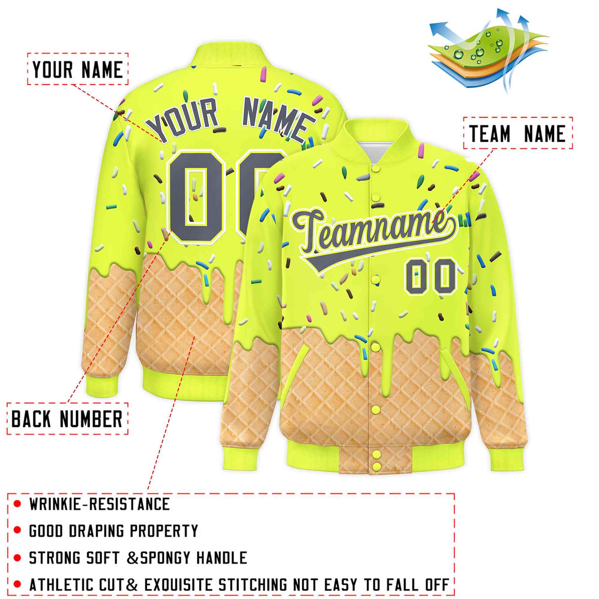 Custom Fluorescent Green Ice Cream Cone Graffiti Pattern Full-Snap Varsity Letterman Jackets| KXKSHOP