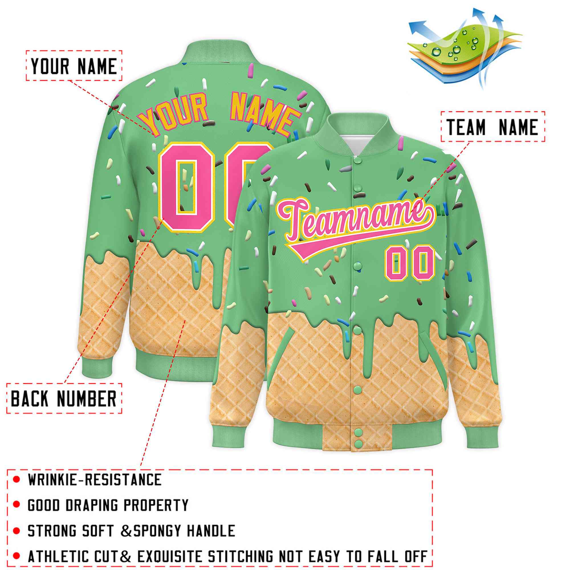 Custom Neon Green Ice Cream Cone Graffiti Pattern Full-Snap Varsity Letterman Jackets| KXKSHOP