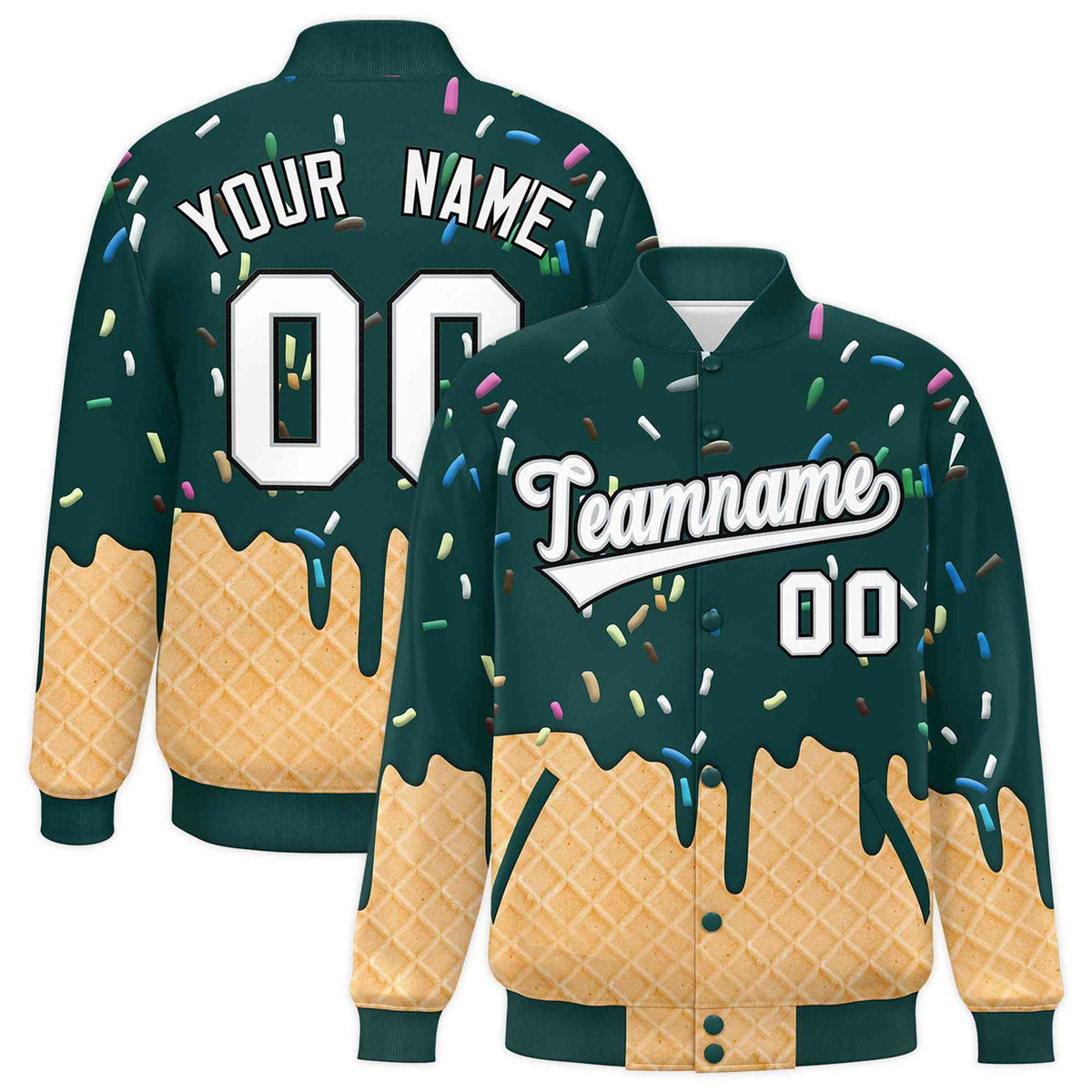 Custom Midnight Green Ice Cream Cone Graffiti Pattern Full-Snap Varsity Letterman Jackets| KXKSHOP