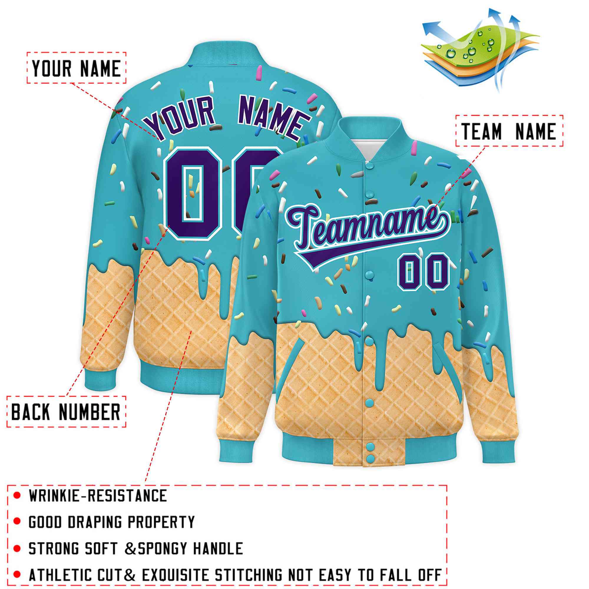 Custom Sky Blue Ice Cream Cone Graffiti Pattern Full-Snap Varsity Letterman Jackets| KXKSHOP
