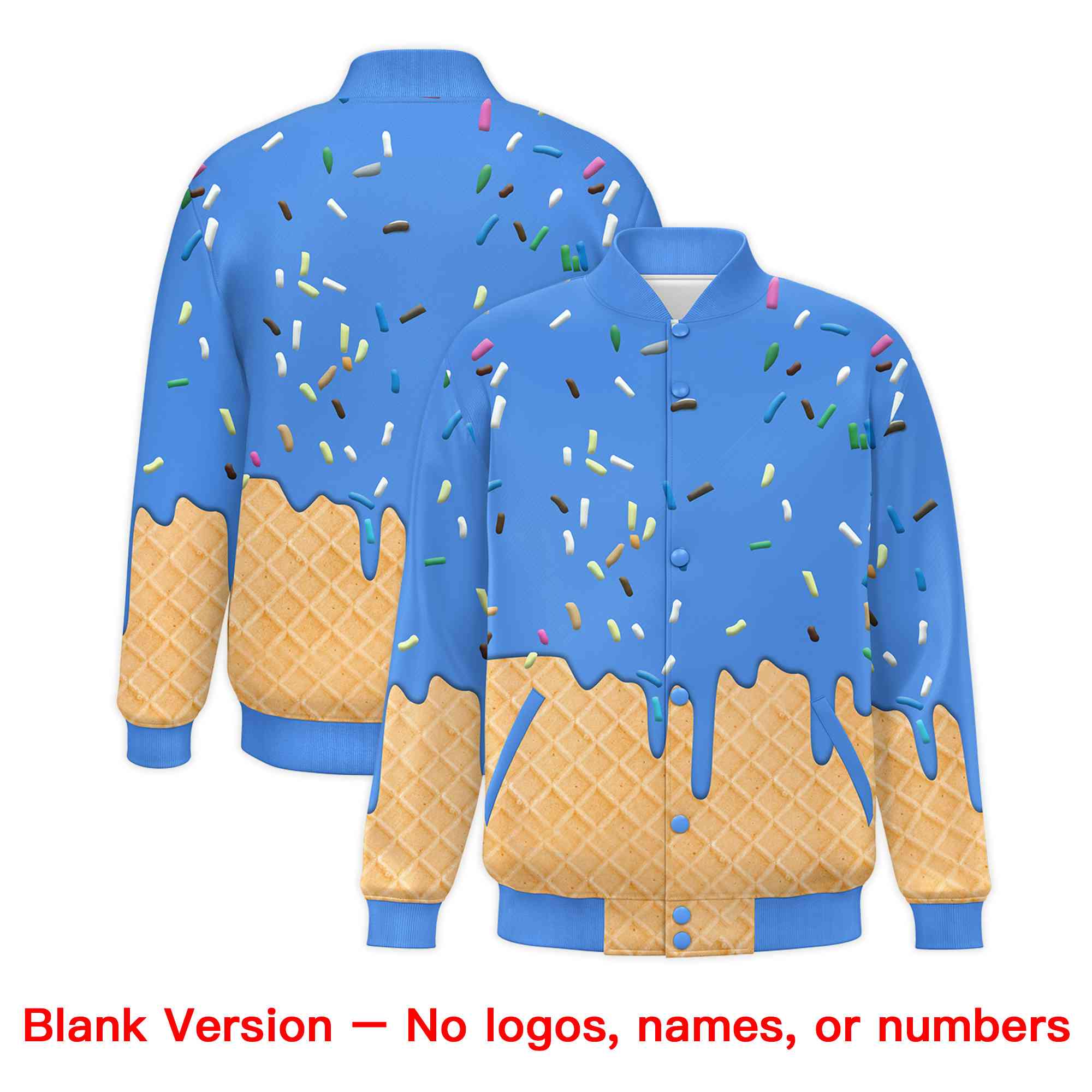 Custom Powder Blue Ice Cream Cone Graffiti Pattern Full-Snap Varsity Letterman Jackets| KXKSHOP