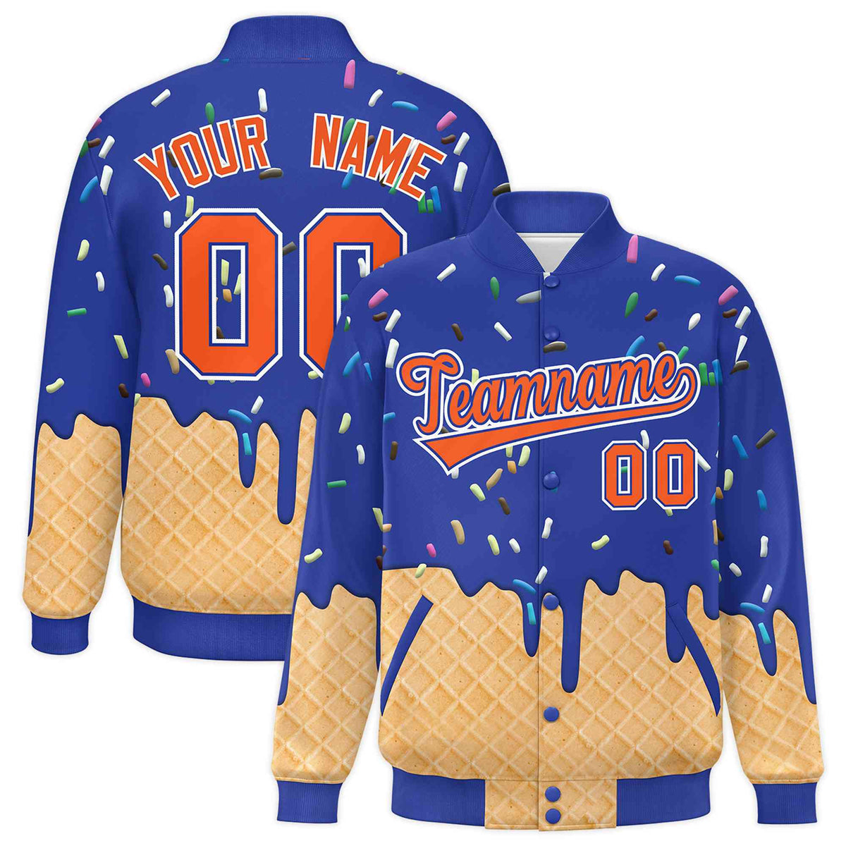Custom Royal Blue Ice Cream Cone Graffiti Pattern Full-Snap Varsity Letterman Jackets| KXKSHOP
