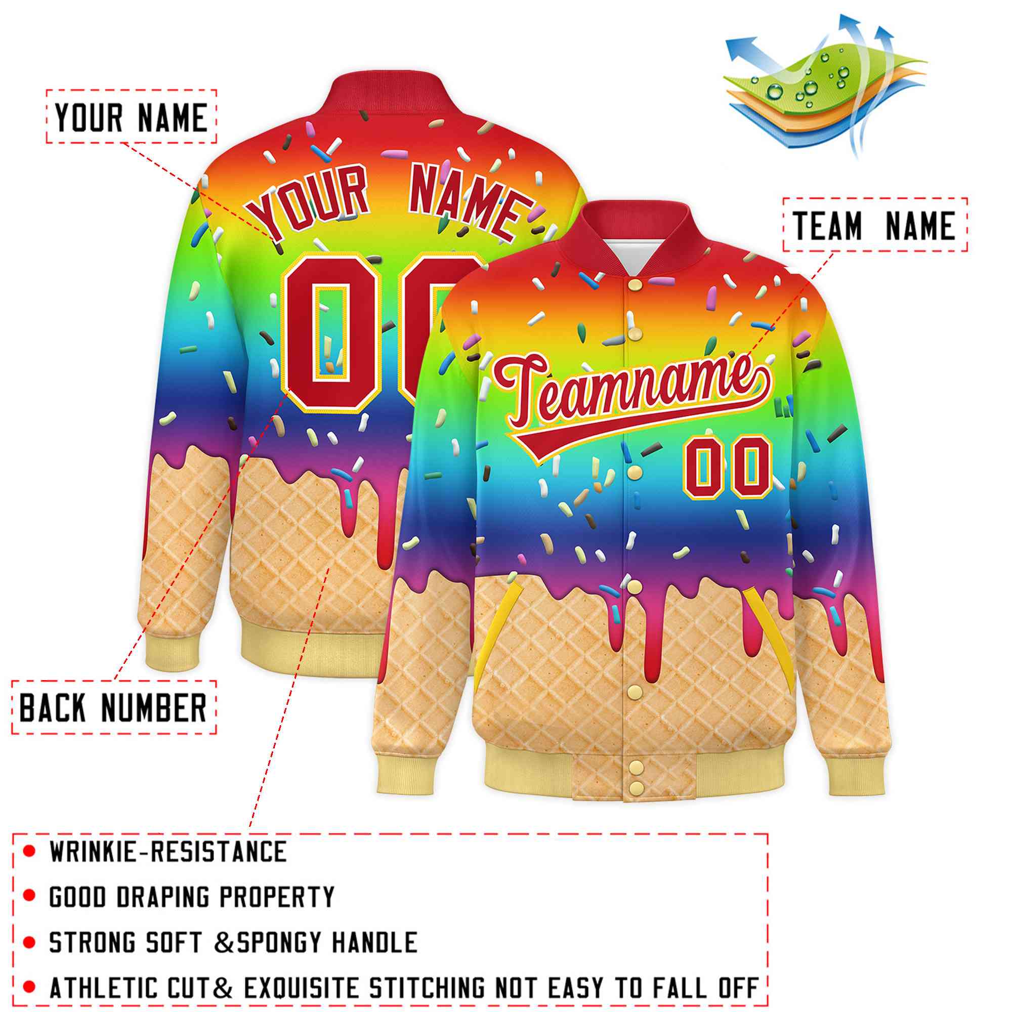 Custom Rainbow Ice Cream Cone Graffiti Pattern Full-Snap Varsity Letterman Jackets| KXKSHOP