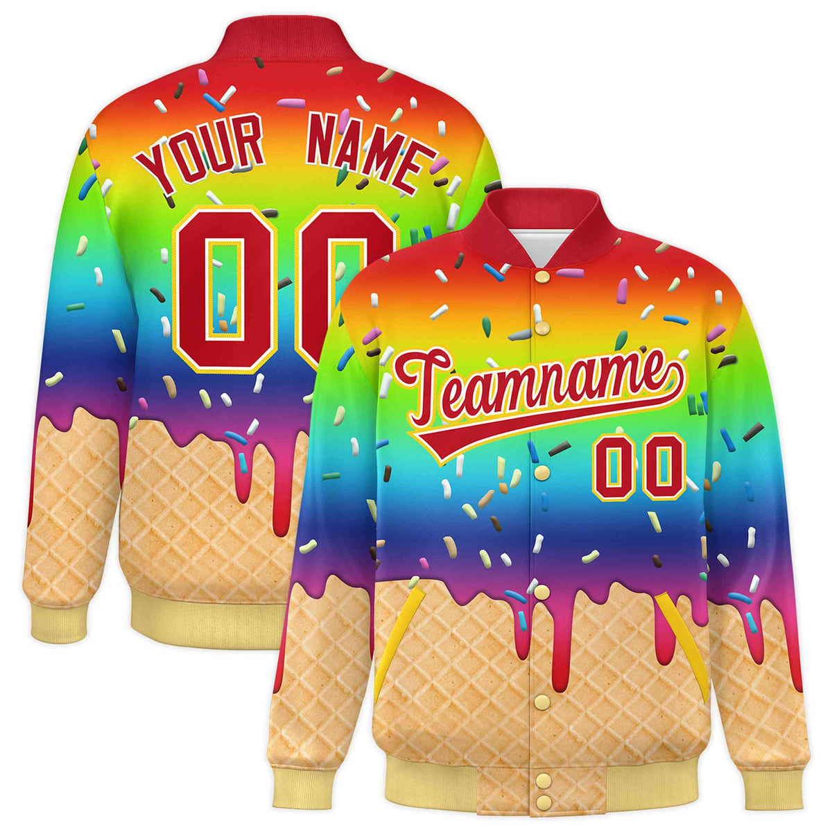 Custom Rainbow Ice Cream Cone Graffiti Pattern Full-Snap Varsity Letterman Jackets| KXKSHOP