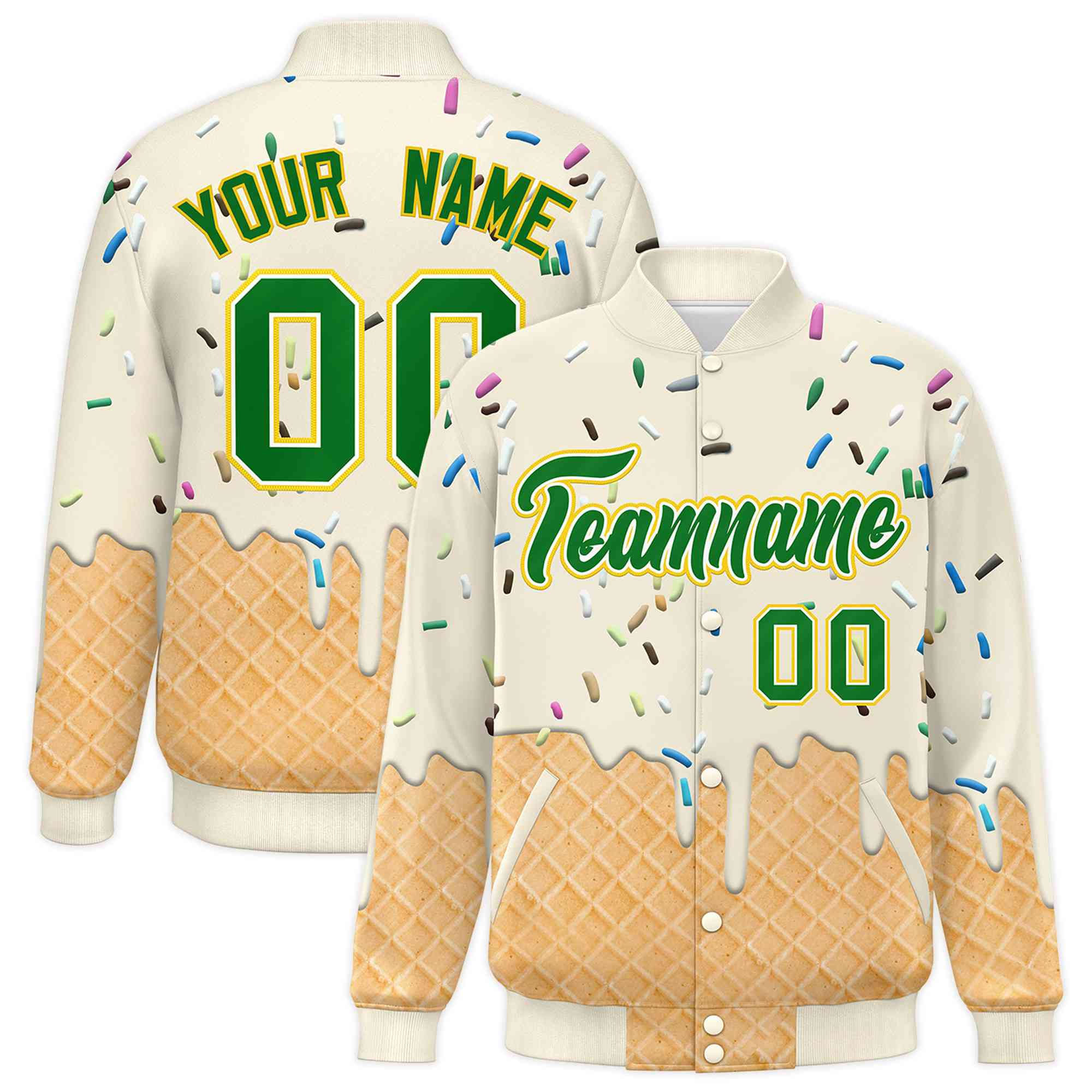Custom Cream Ice Cream Cone Graffiti Pattern Full-Snap Varsity Letterman Jackets