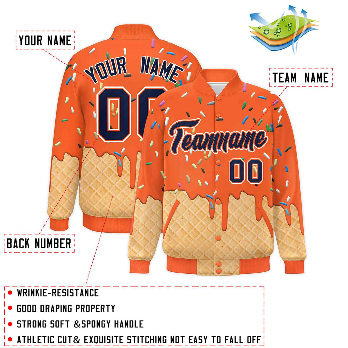Custom Orange Ice Cream Cone Graffiti Pattern Full-Snap Varsity Letterman Jackets