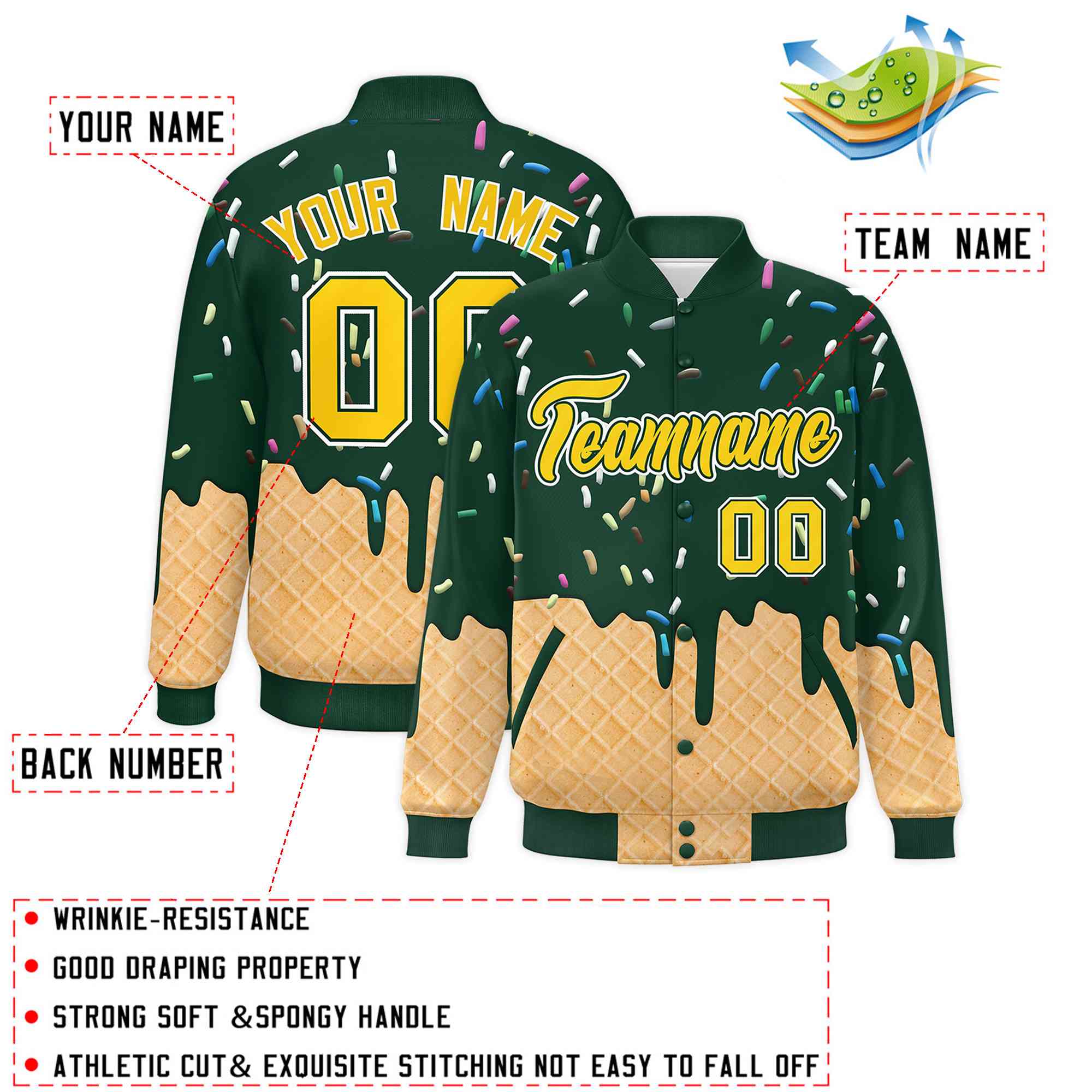 Custom Green Ice Cream Cone Graffiti Pattern Full-Snap Varsity Letterman Jackets