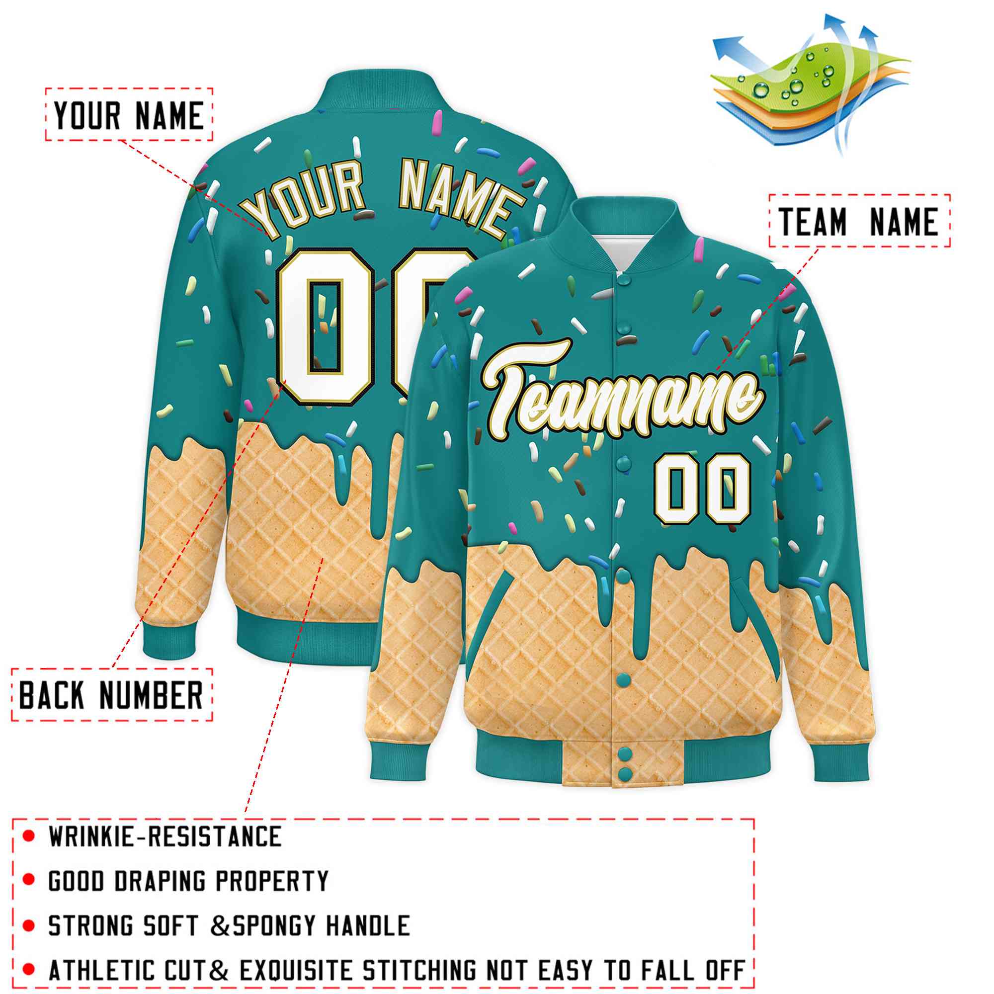 Custom Teal Ice Cream Cone Graffiti Pattern Full-Snap Varsity Letterman Jackets