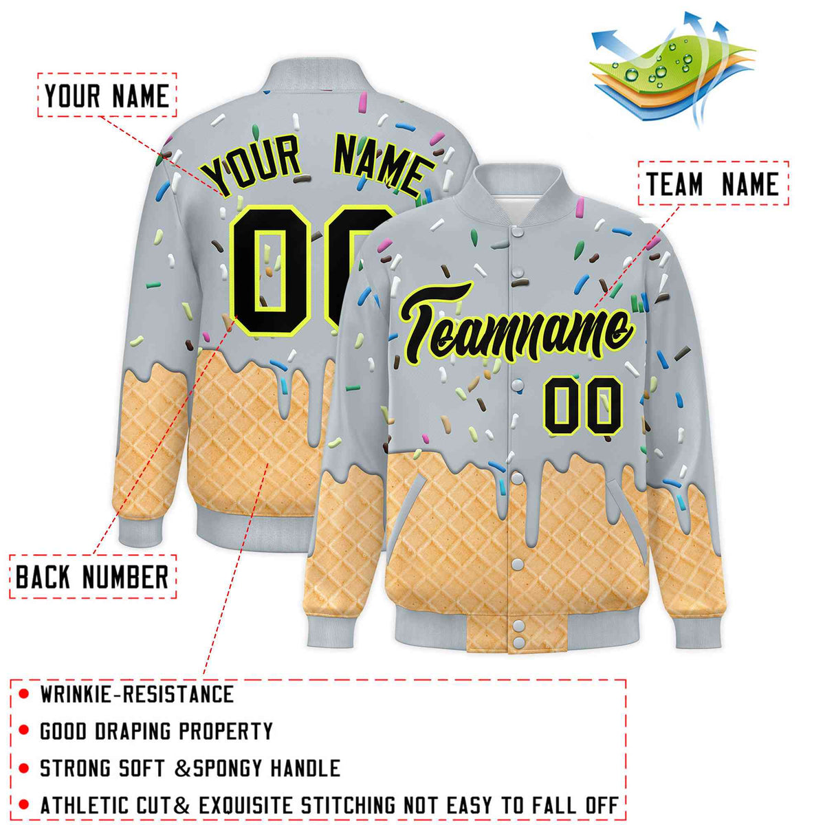Custom Silver Ice Cream Cone Graffiti Pattern Full-Snap Varsity Letterman Jackets