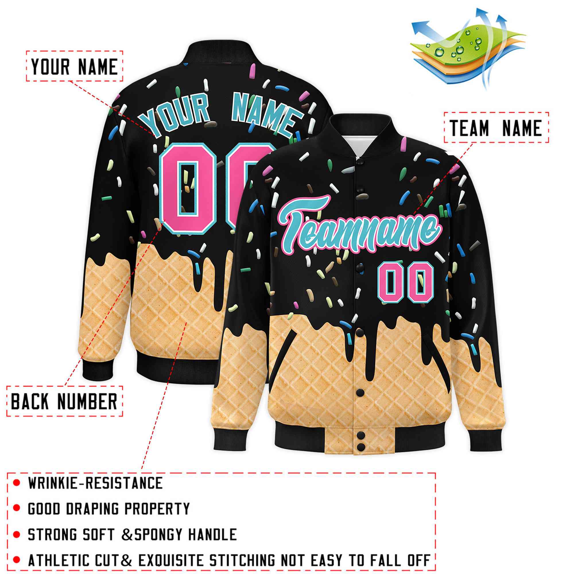 Custom Black Ice Cream Cone Graffiti Pattern Full-Snap Varsity Letterman Jackets