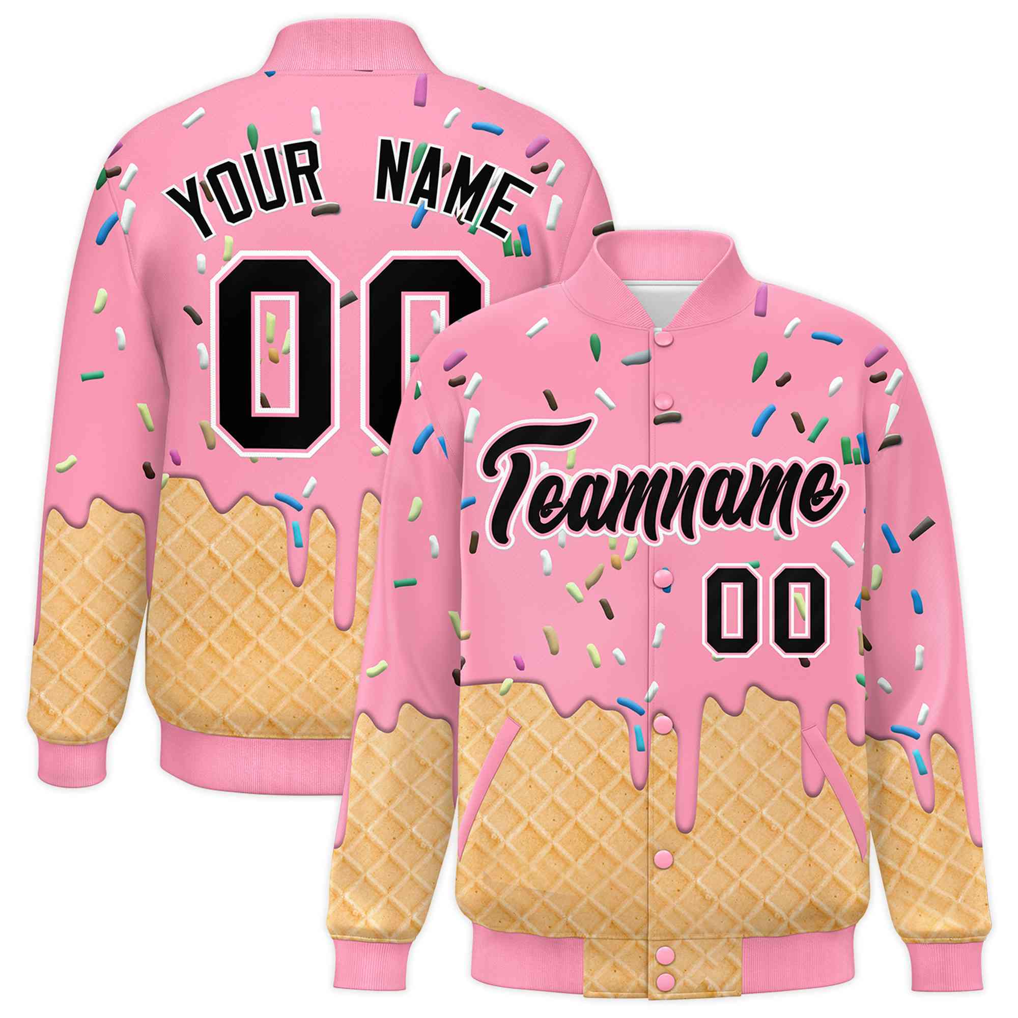 Custom Light Pink Ice Cream Cone Graffiti Pattern Full-Snap Varsity Letterman Jackets