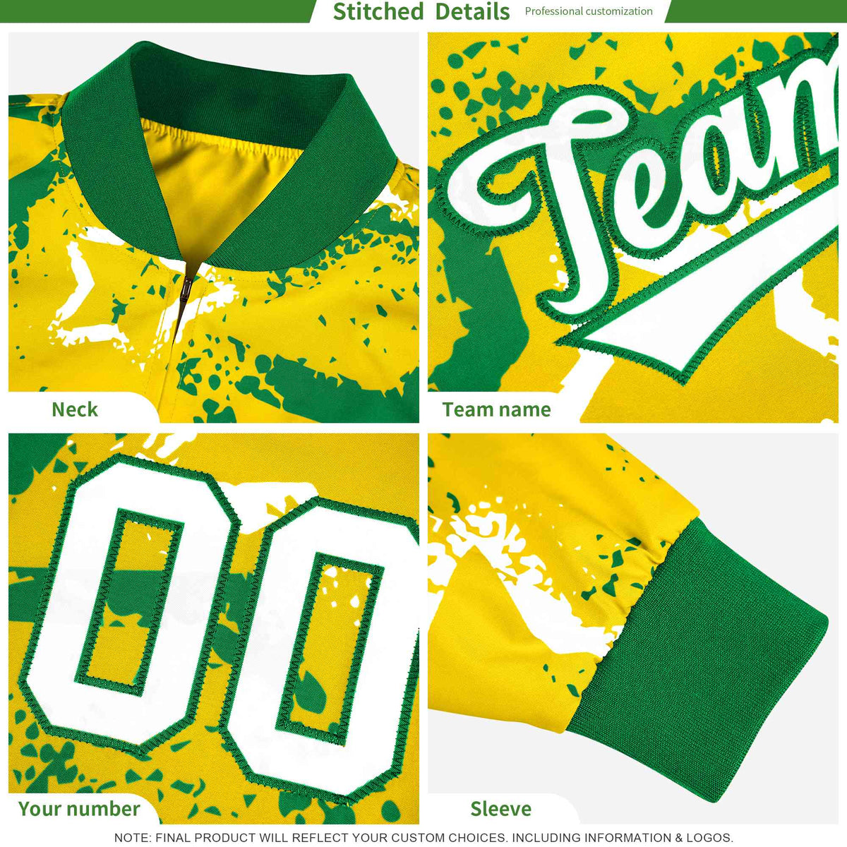 Custom Fluorescent Green Ice Cream Cone Graffiti Pattern Full-Snap Varsity Letterman Jackets