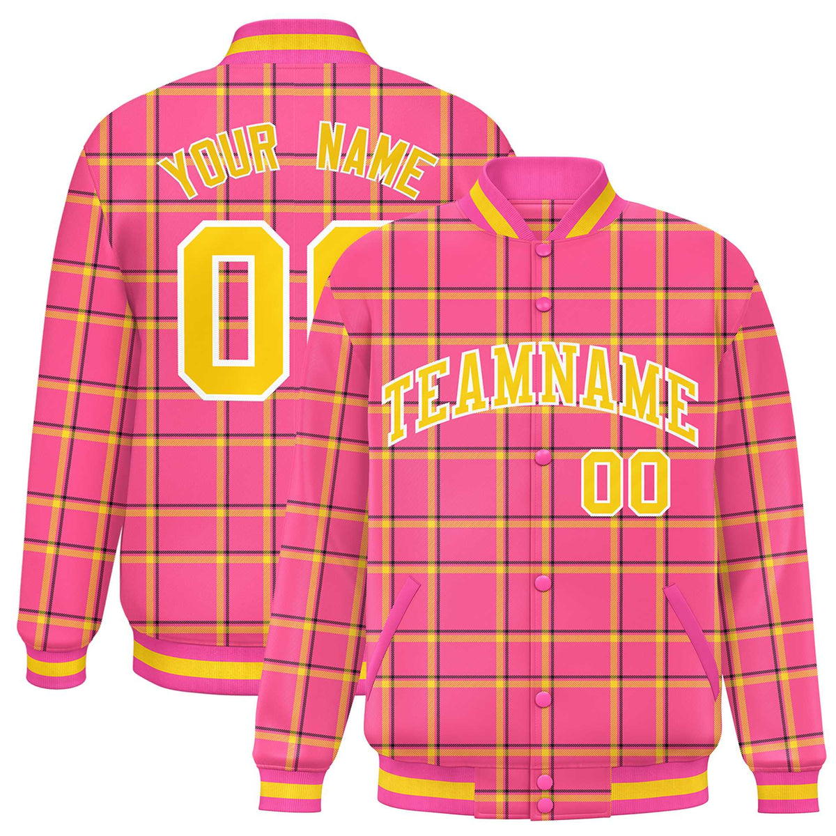 Custom Pink Varsity Full-Snap Plaid Pattern Letterman Baseball Jacket