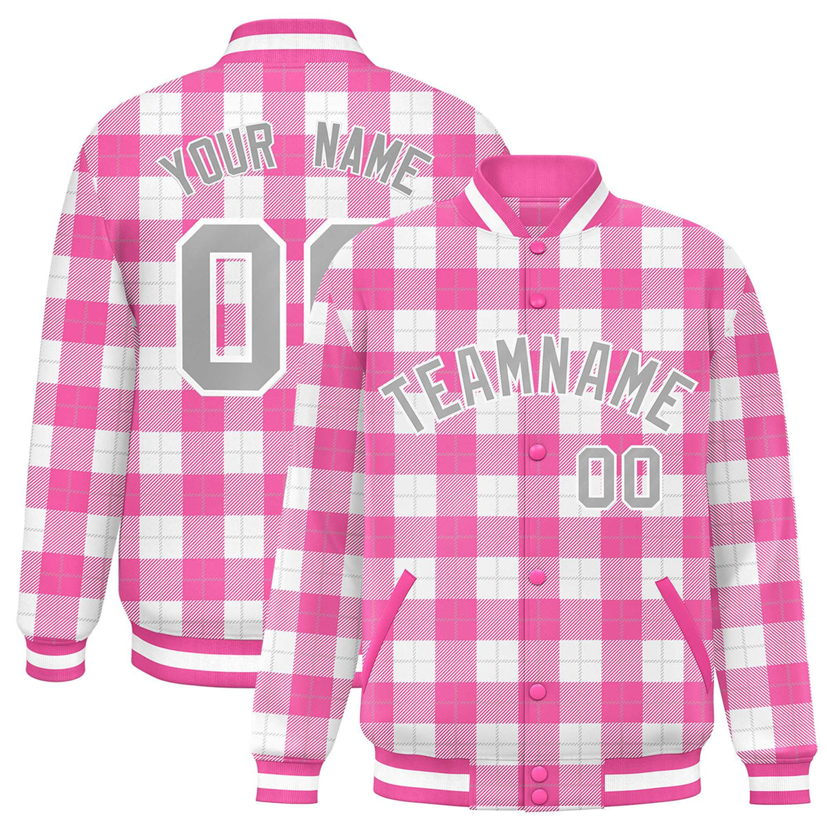 Custom Pink White Varsity Full-Snap Plaid Pattern Letterman Baseball Jacket