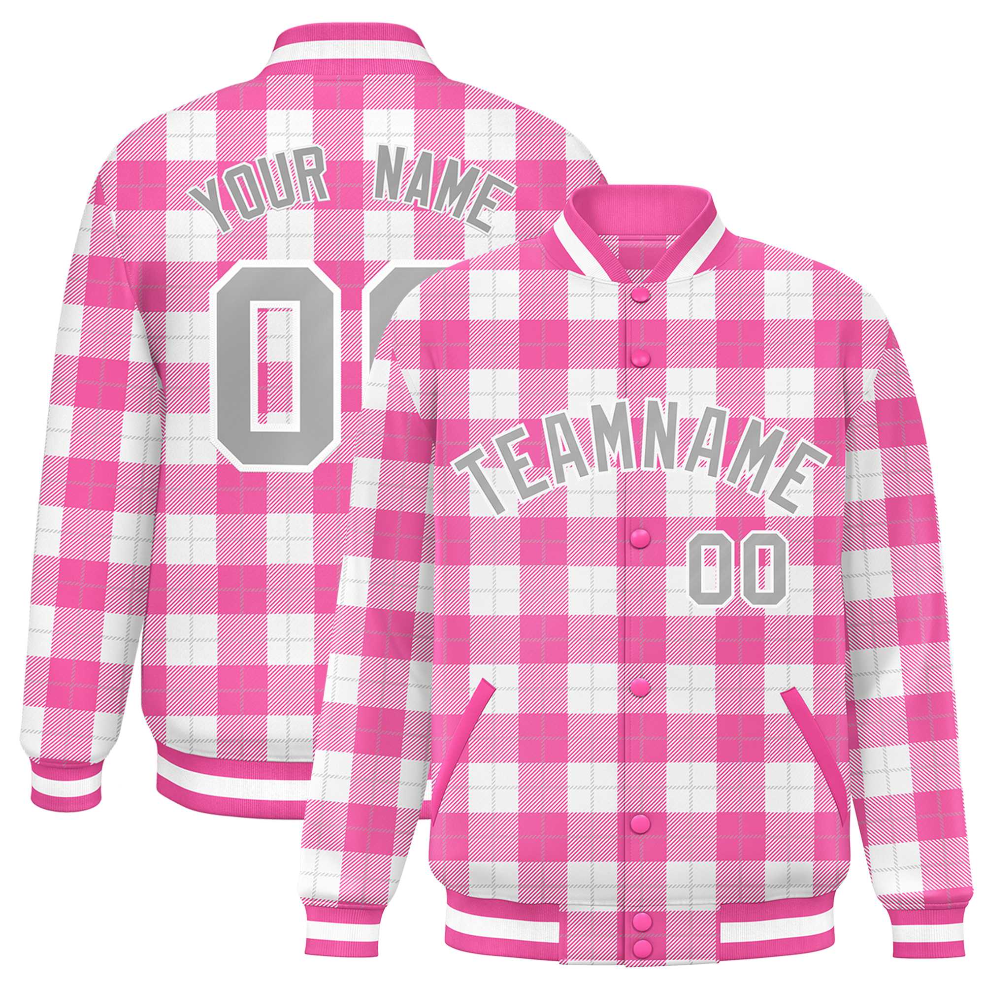 Custom Pink White Varsity Full-Snap Plaid Pattern Letterman Baseball Jacket