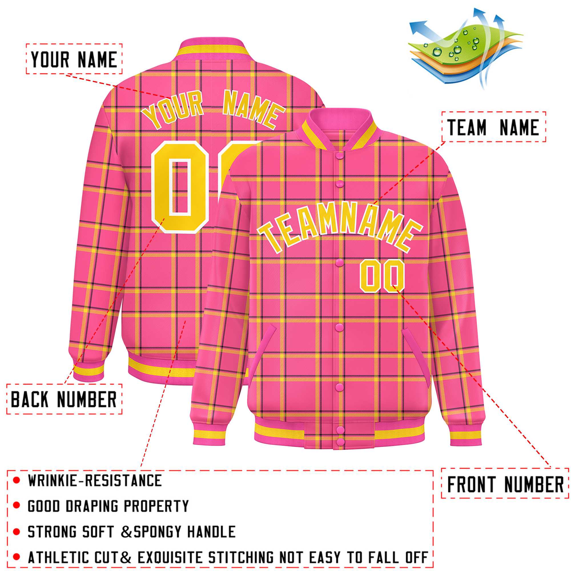 Custom Pink Varsity Full-Snap Plaid Pattern Letterman Baseball Jacket