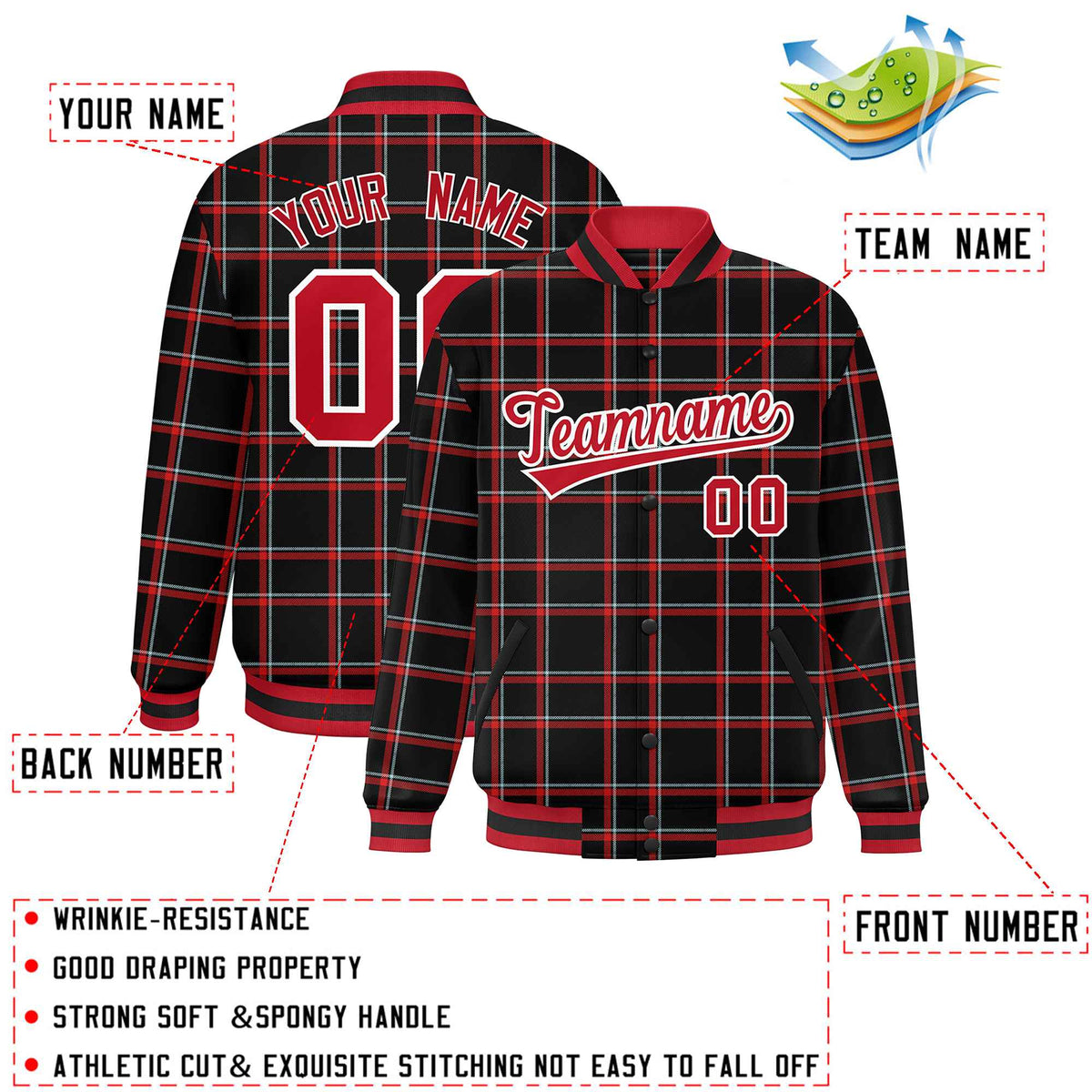 Custom Black Varsity Full-Snap Plaid Pattern Letterman Baseball Jacket