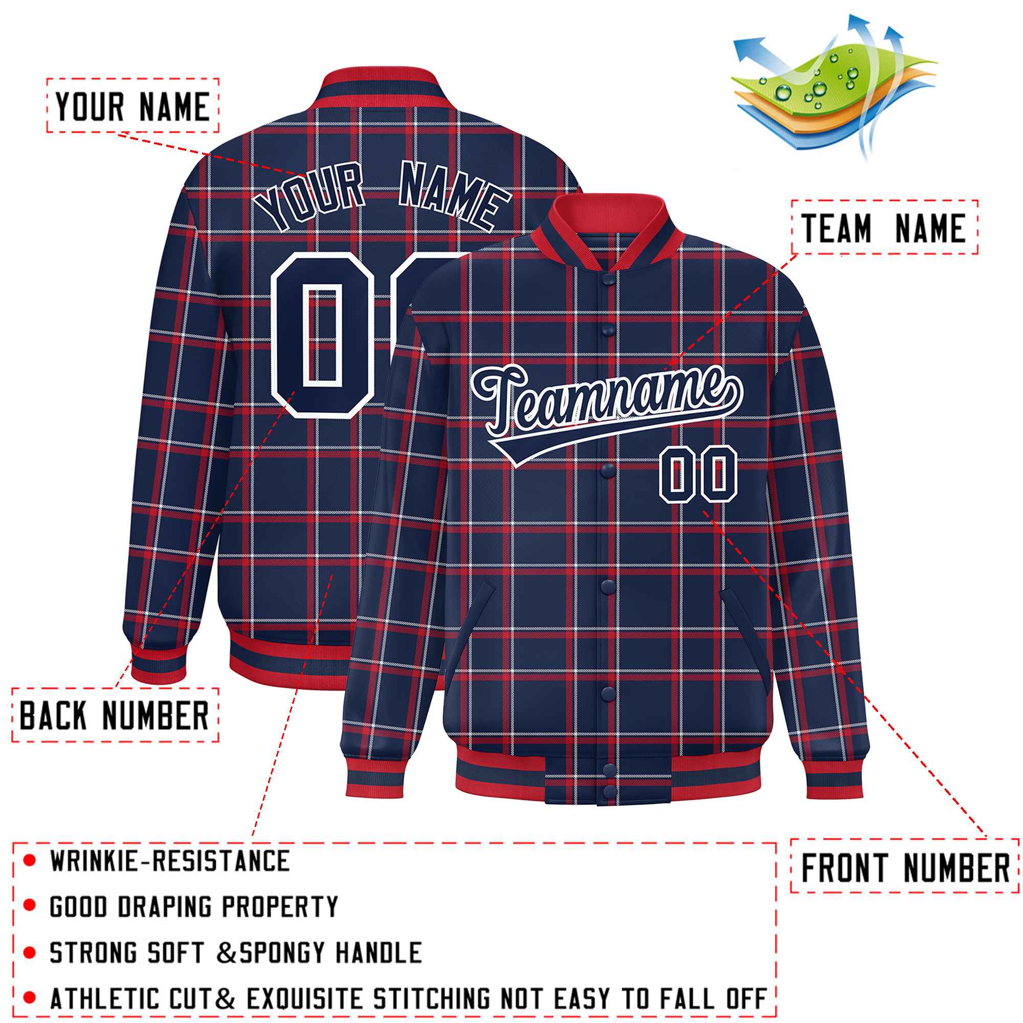 Custom Navy Varsity Full-Snap Plaid Pattern Letterman Baseball Jacket