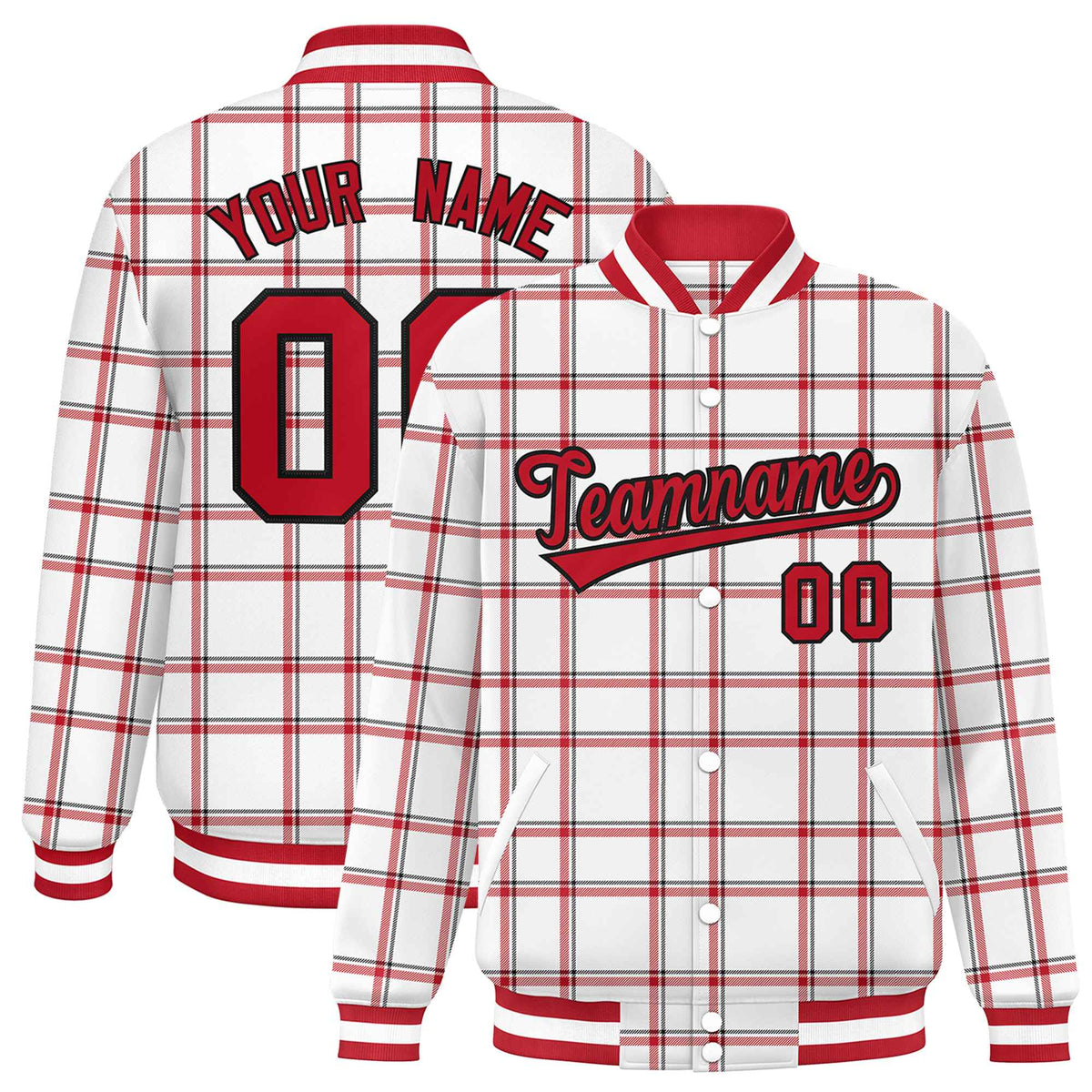 Custom White Varsity Full-Snap Plaid Pattern Letterman Baseball Jacket