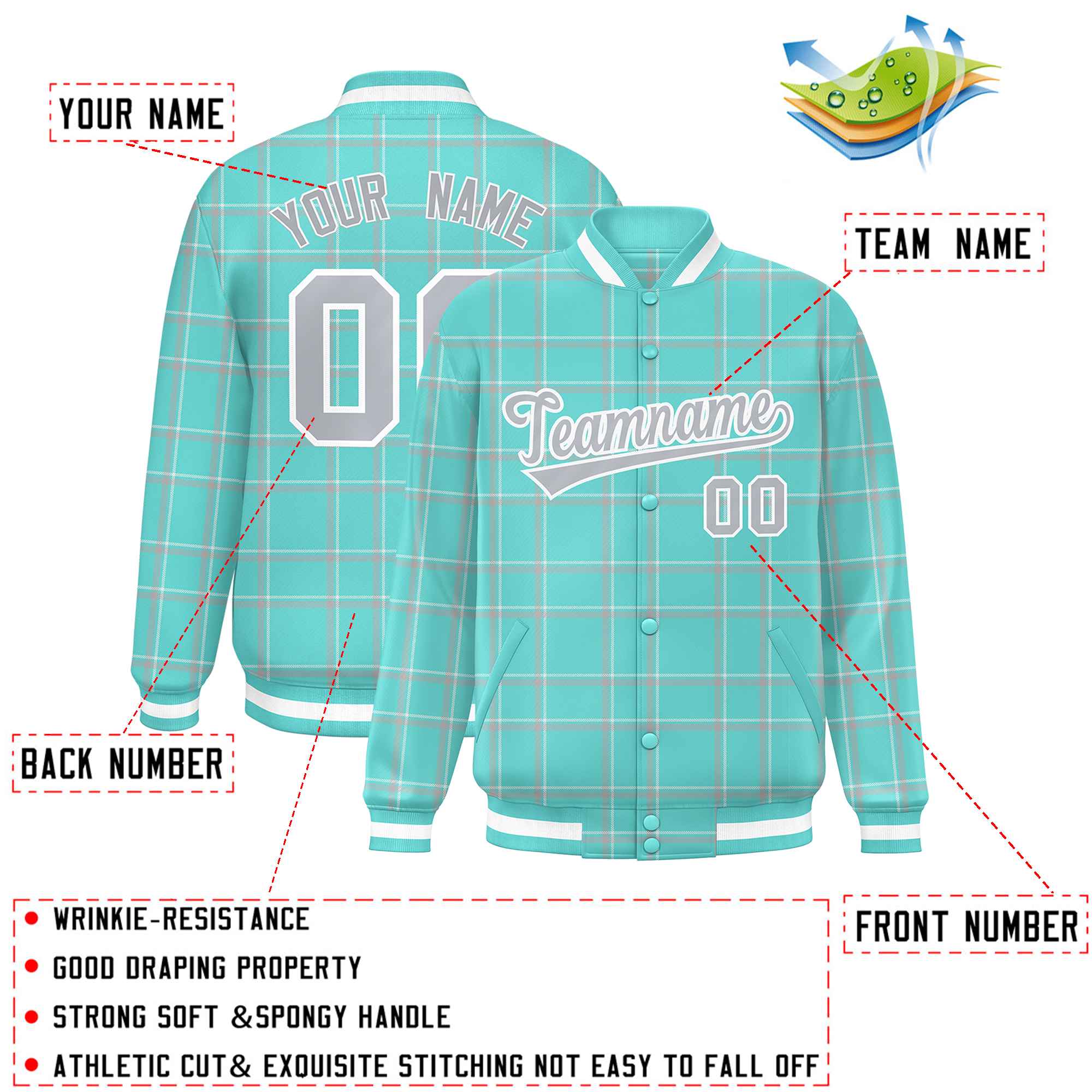 Custom Green Varsity Full-Snap Plaid Pattern Letterman Baseball Jacket