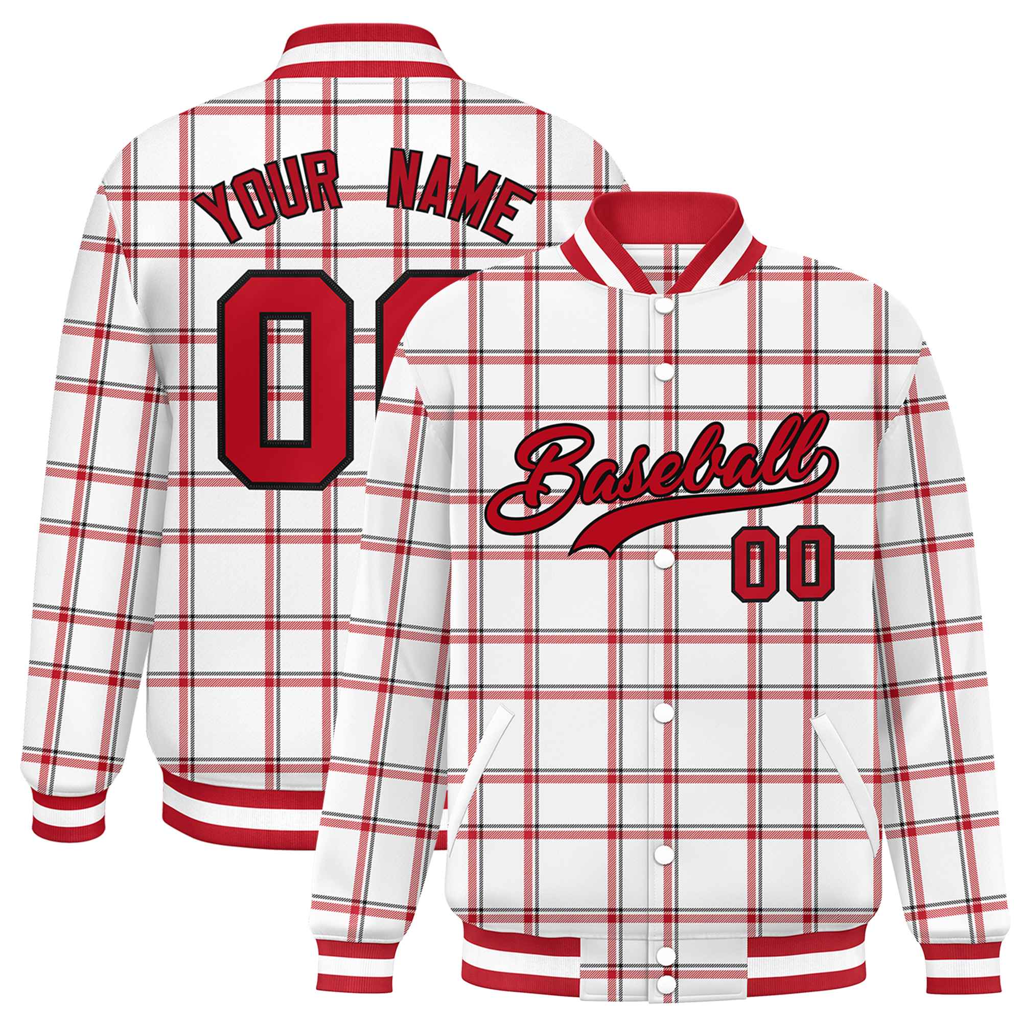 Custom White Varsity Full-Snap Plaid Pattern Letterman Baseball Jacket