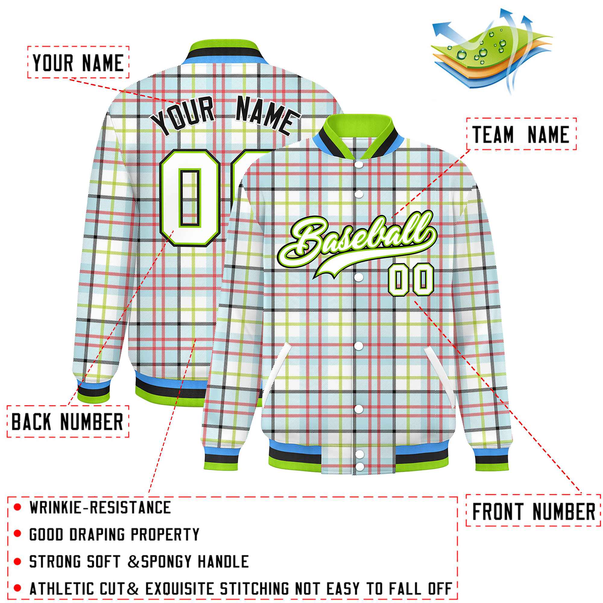 Custom Multi Color Varsity Full-Snap Plaid Pattern Letterman Baseball Jacket