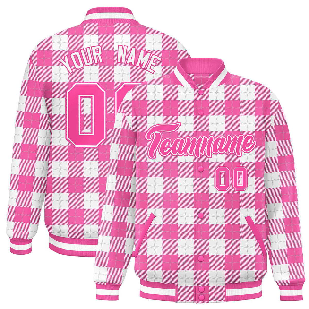 Custom Pink White Varsity Full-Snap Plaid Pattern Letterman Baseball Jacket