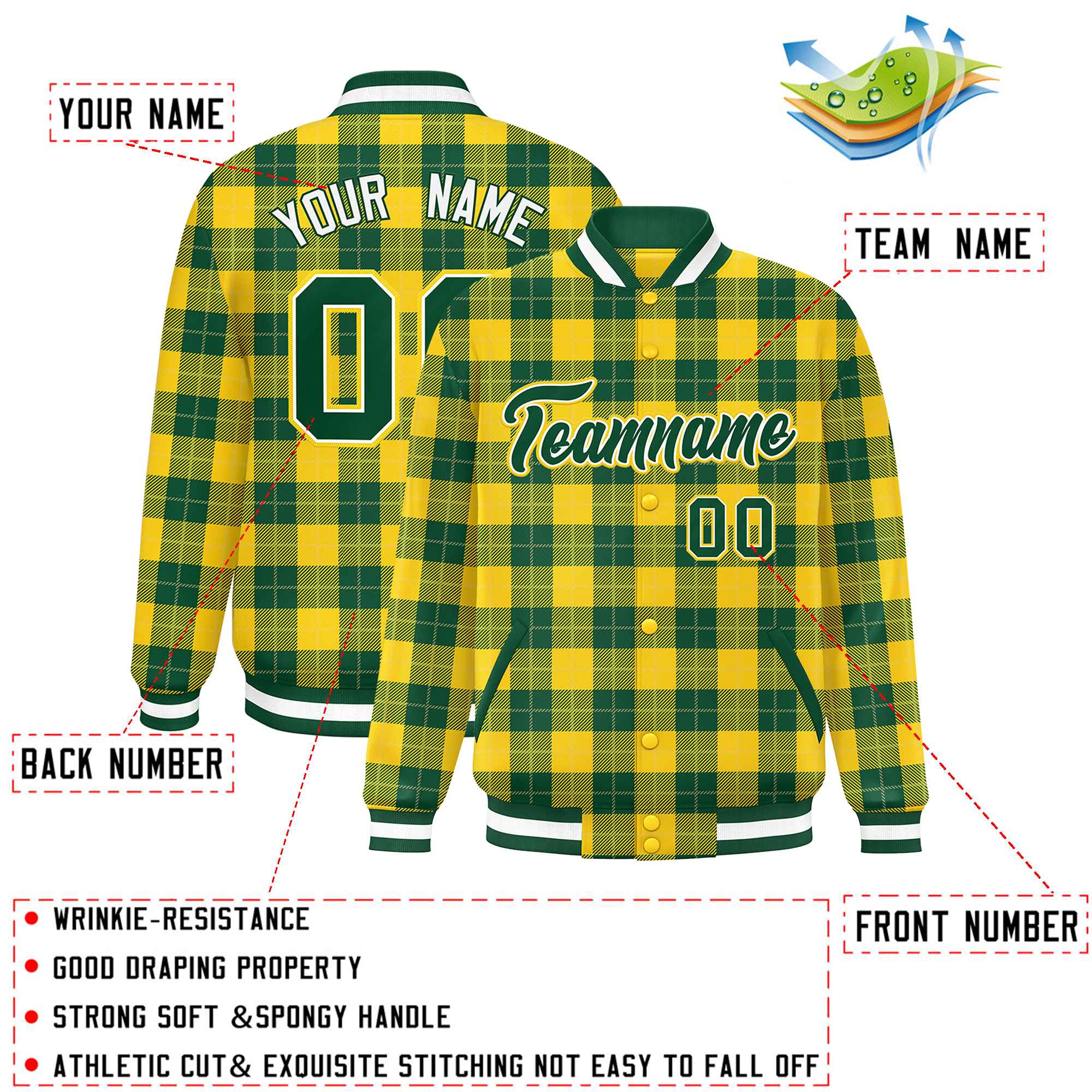 Custom Green Gold Varsity Full-Snap Plaid Pattern Letterman Baseball Jacket
