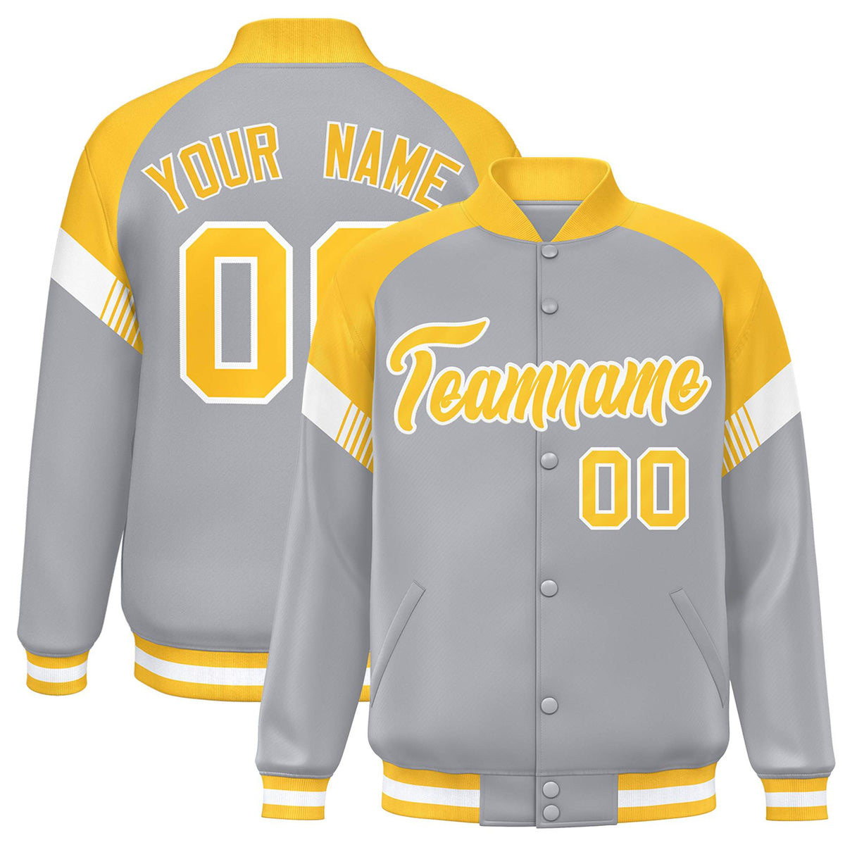 Custom Gray Gold-White Varsity Full-Snap Color Block Letterman Jacket