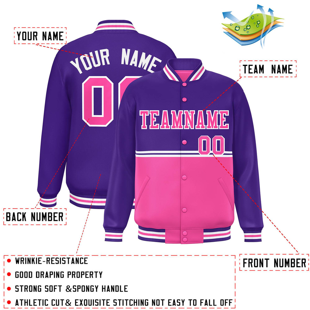 Custom Purple Pink Varsity Full-Snap Color Block Letterman Jacket