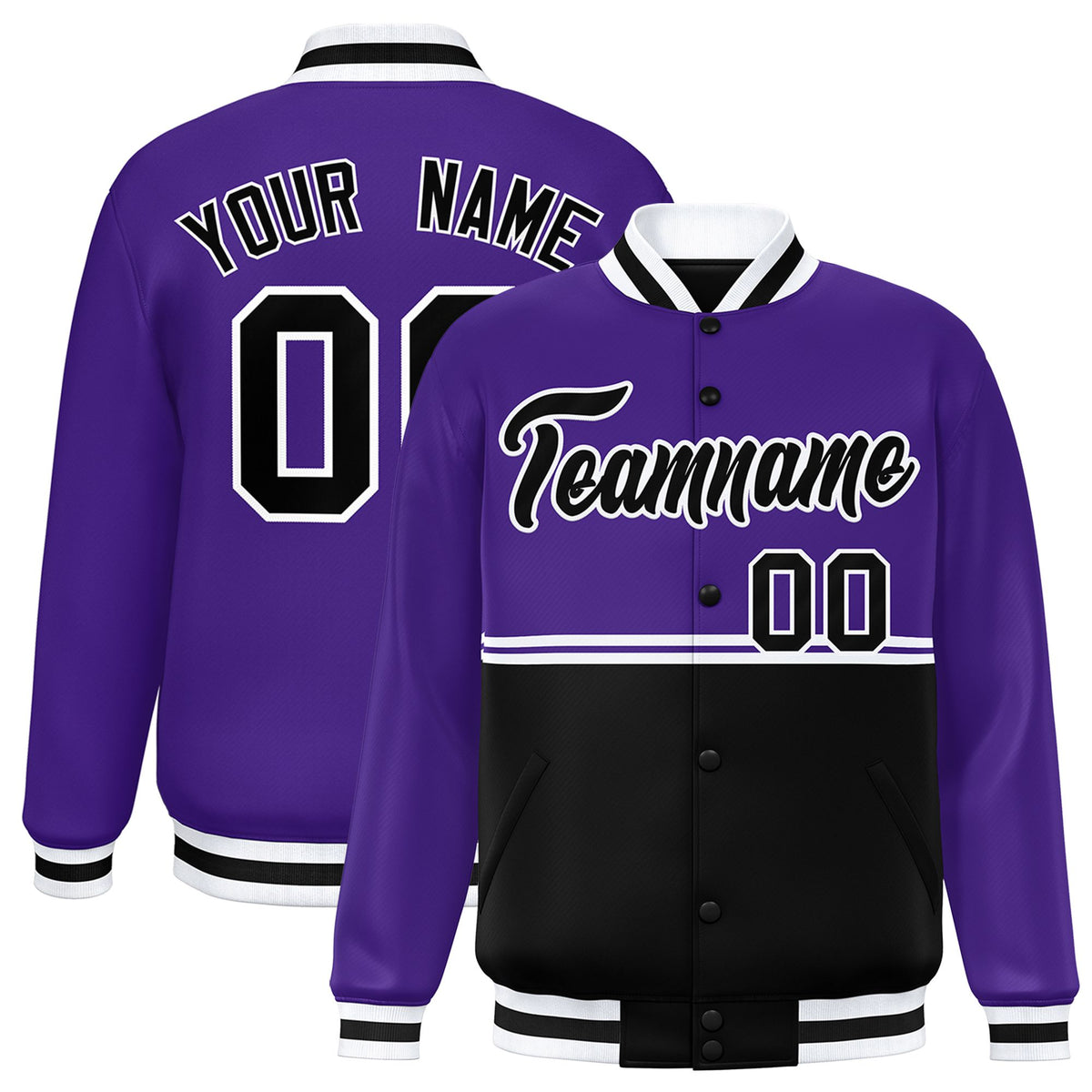 Custom Purple Black Varsity Full-Snap Color Block Letterman Jacket