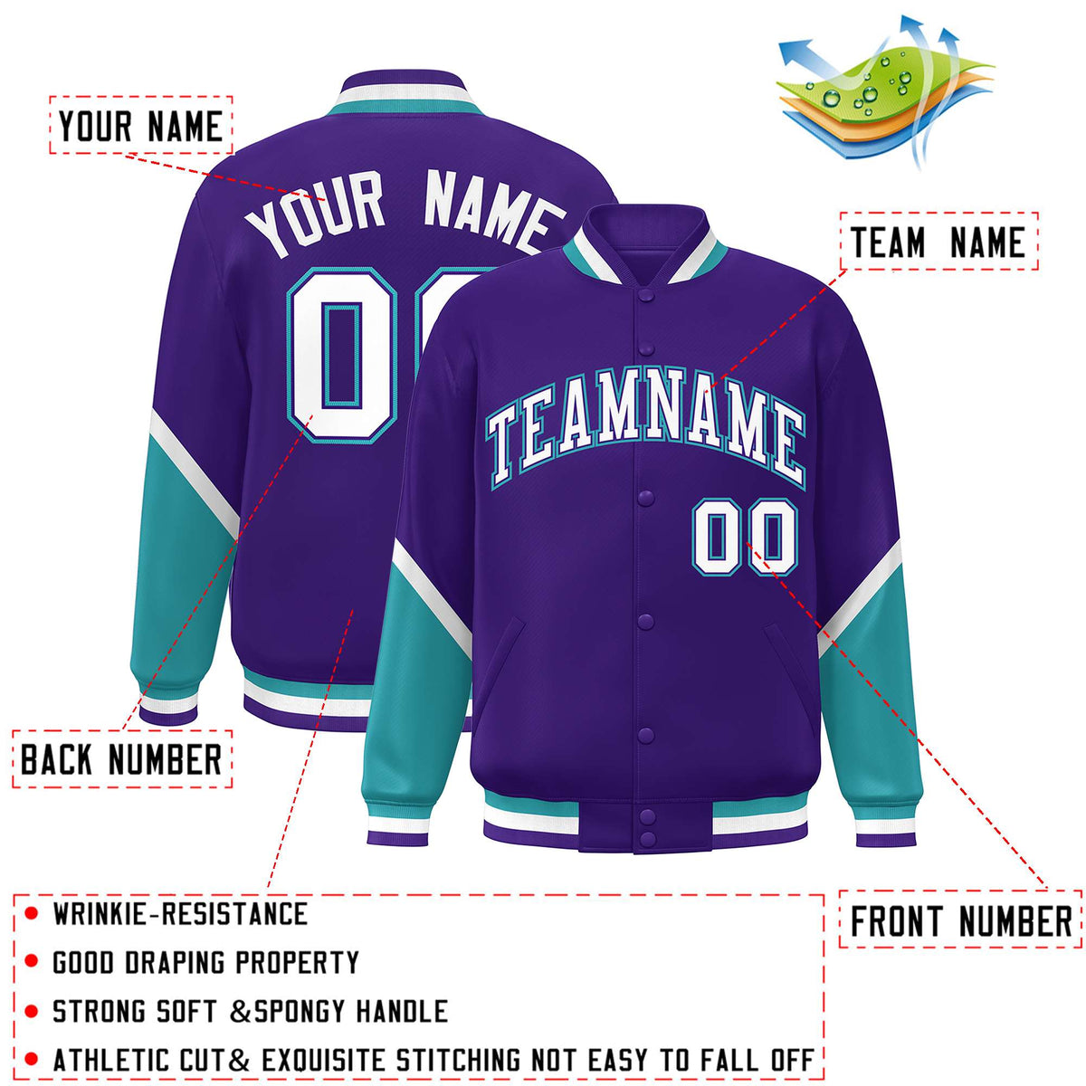 Custom Purple Aqua Varsity Full-Snap Color Block Letterman Baseball Jacket