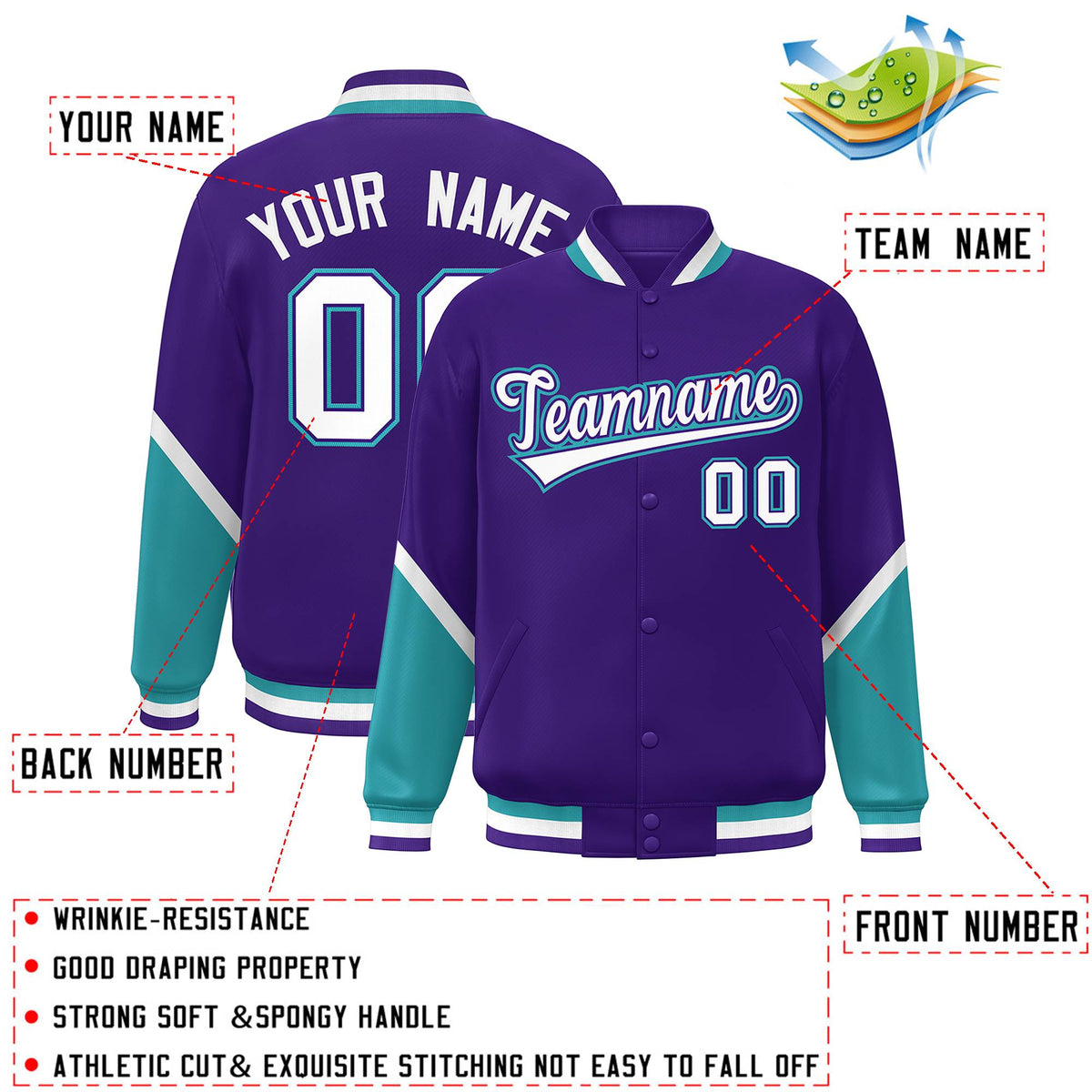 Custom Purple Aqua Varsity Full-Snap Color Block Letterman Baseball Jacket