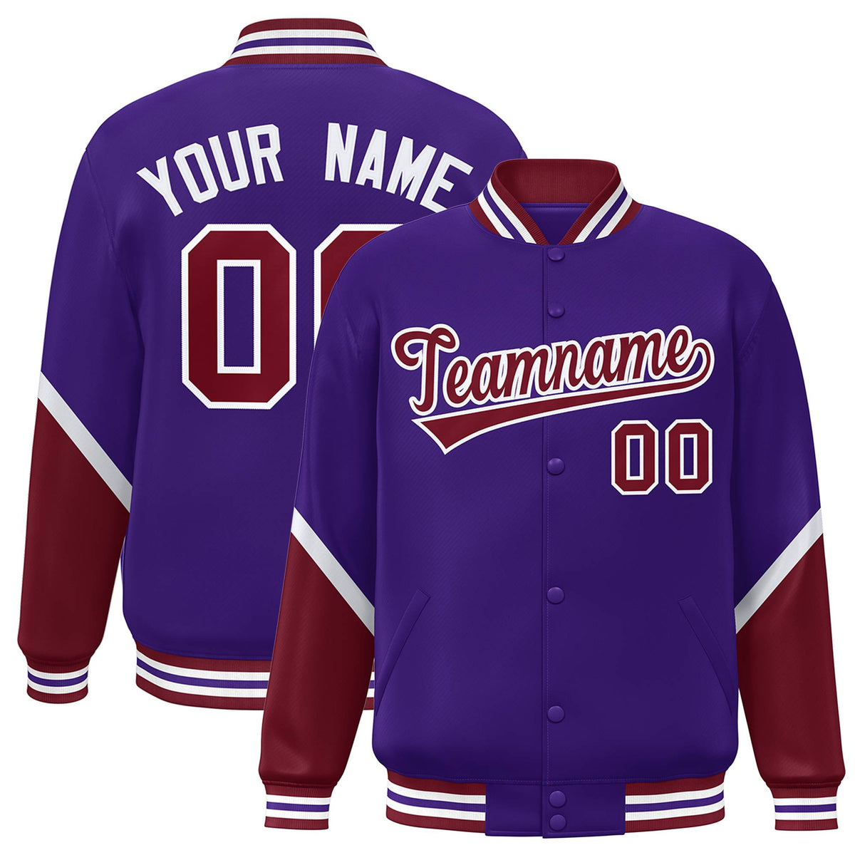 Custom Purple Crimson Varsity Full-Snap Color Block Letterman Baseball Jacket