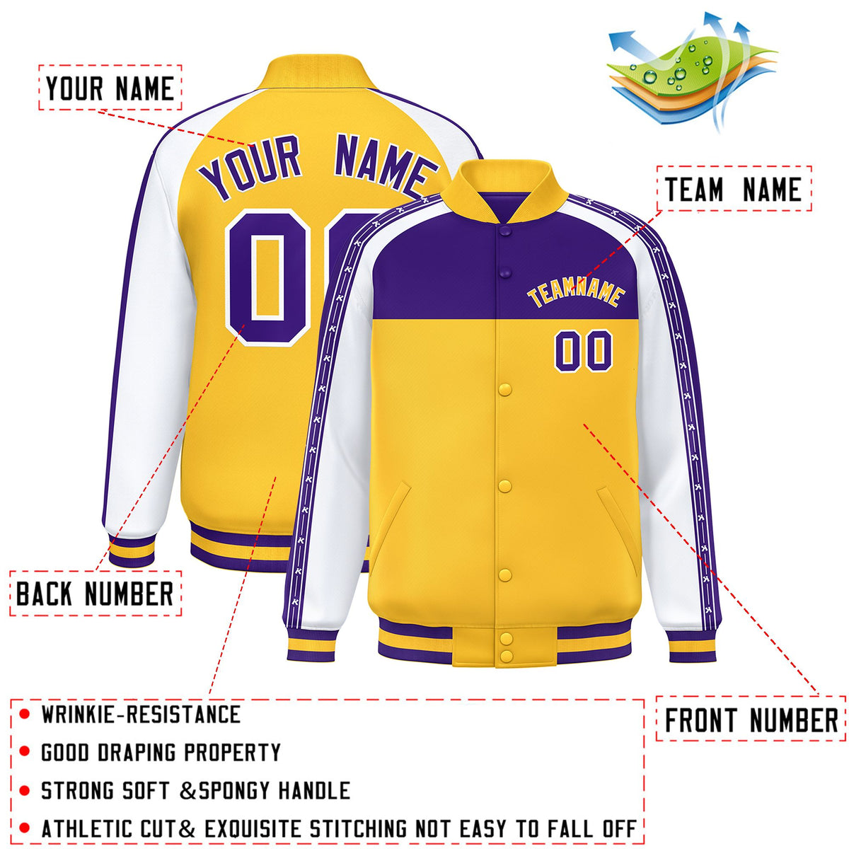 Custom Purple Gold K-Ribbon Raglan Sleeves Varsity Full-Snap Color Block Letterman Jacket