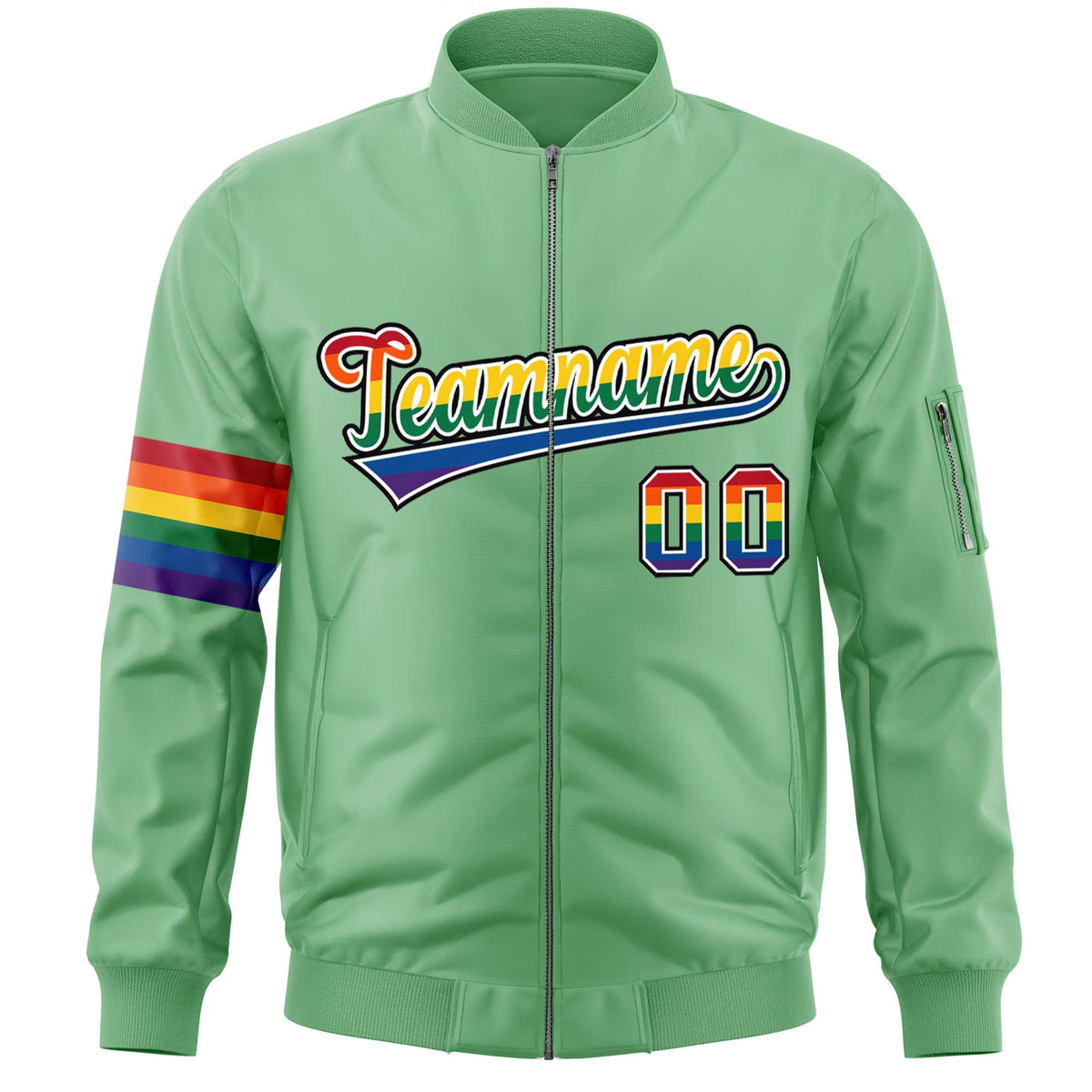 Custom Light Green LGBT Rainbow For Pride Month Classic Style Letterman Bomber Jacket