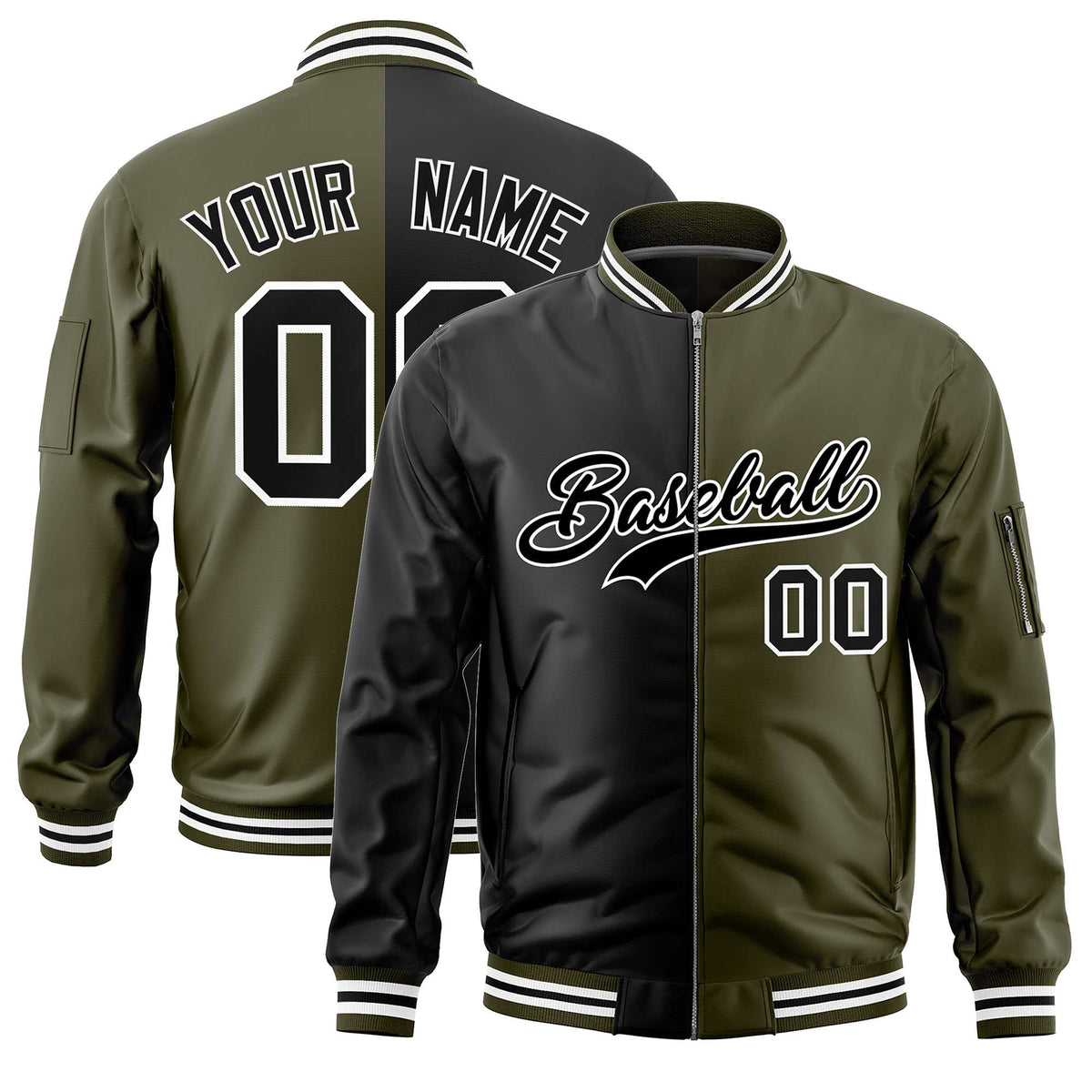 Custom Black Olive Split Varsity Full-Zip Two Tone Letterman Bomber Jacket
