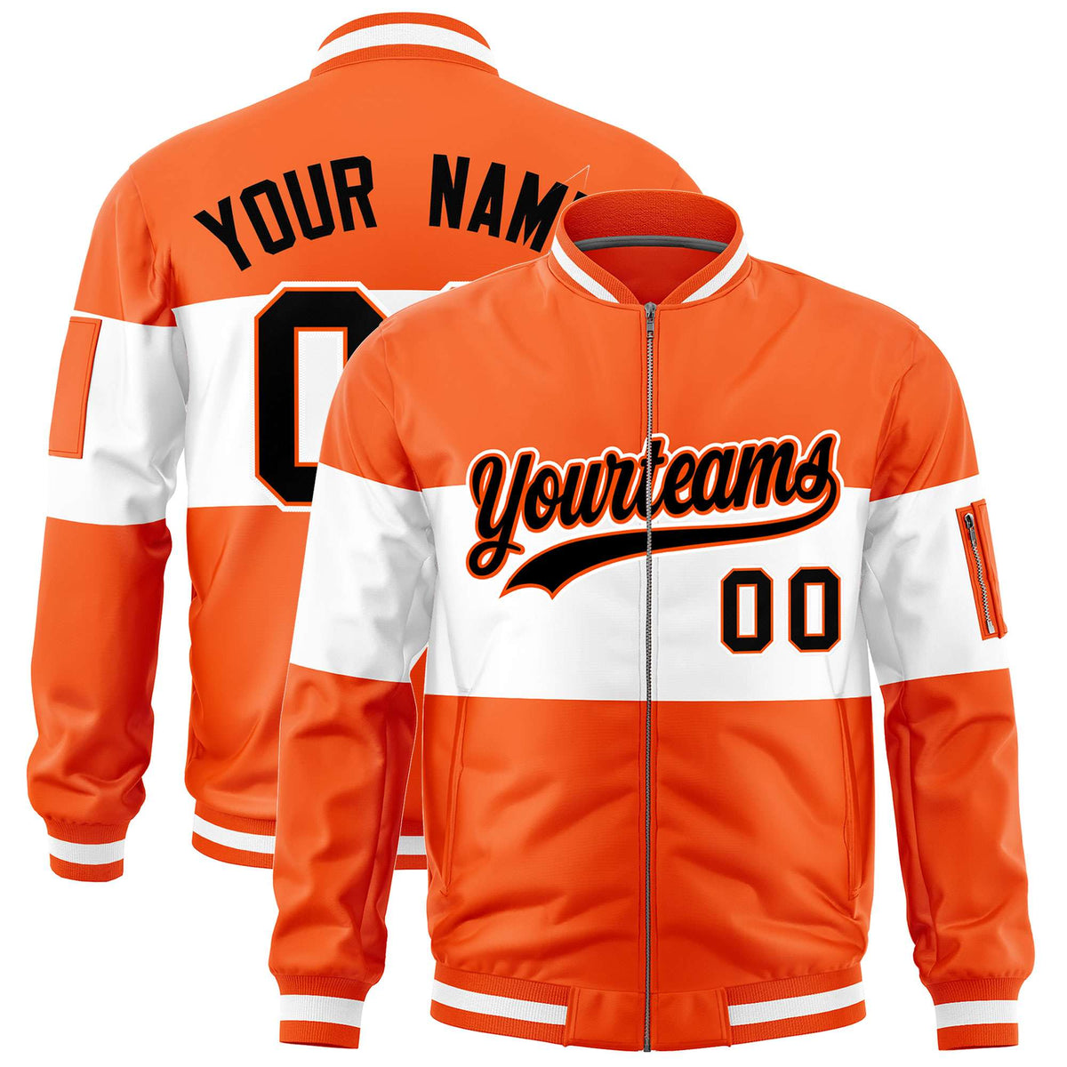 Custom Orange White-Orange Varsity Full-Zip Color Block Letterman Bomber Jacket