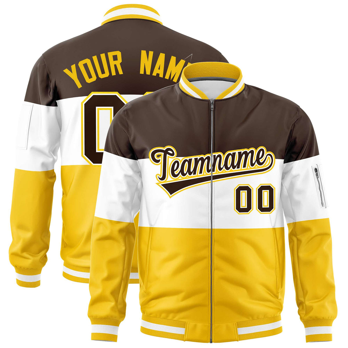 Custom Brown White-Gold Varsity Full-Zip Color Block Letterman Bomber Jacket