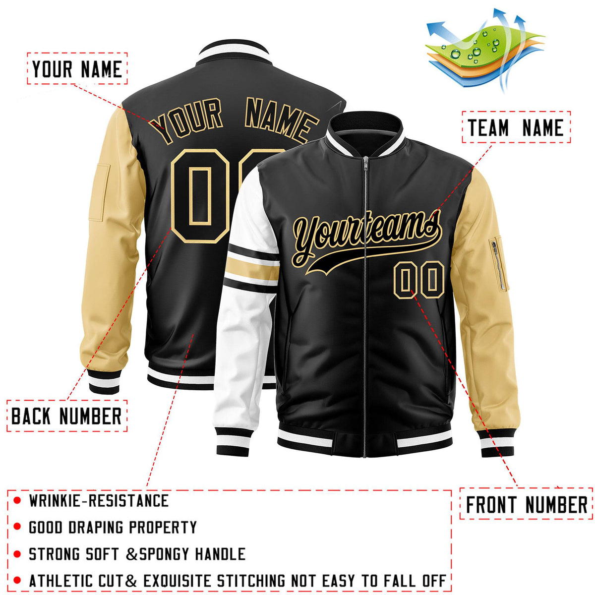 Custom Black Khaki-White Varsity Full-Zip Raglan Sleeves Stripe Letterman Bomber Jacket