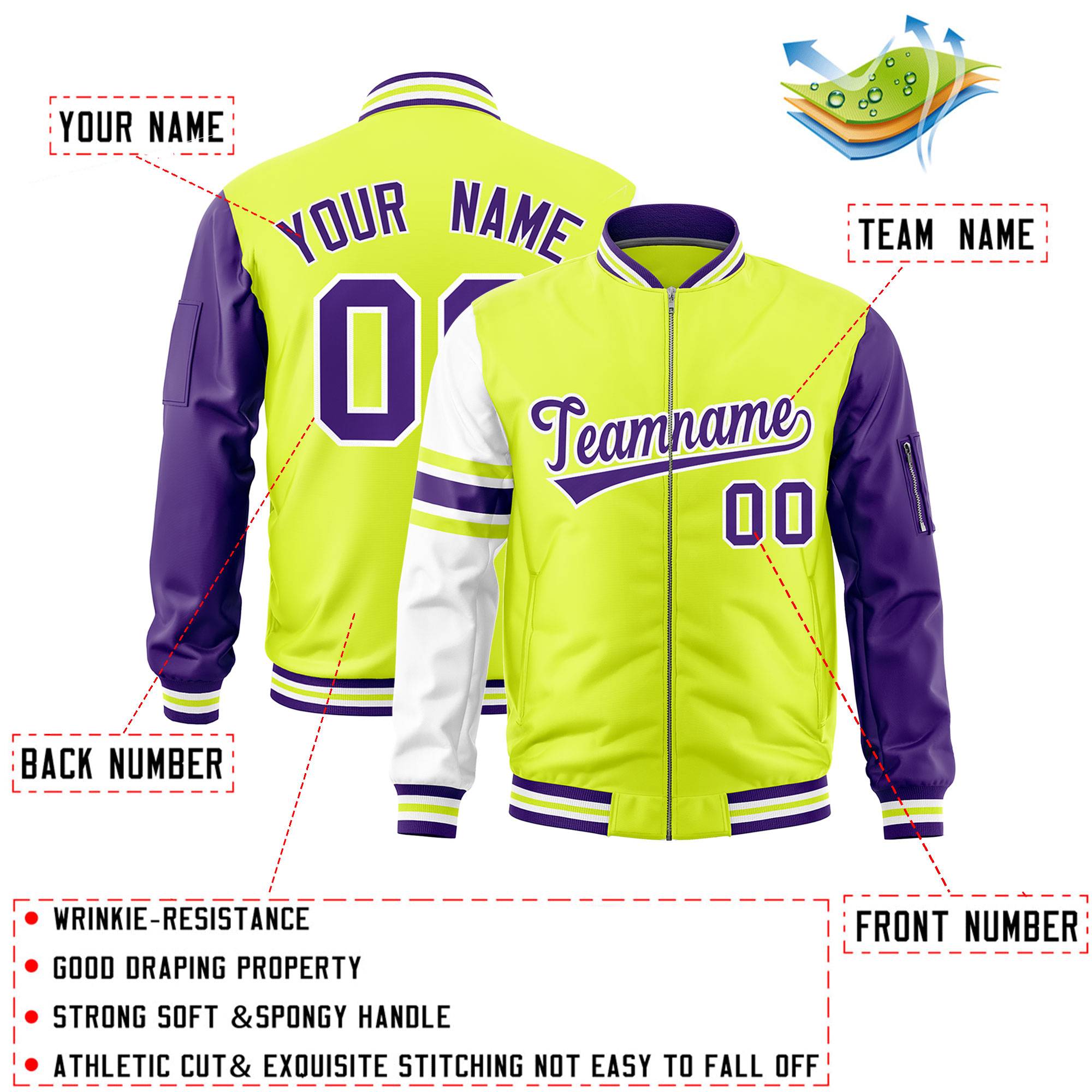 Custom Fluorescent Green Purple-White Varsity Full-Zip Raglan Sleeves Stripe Letterman Bomber Jacket