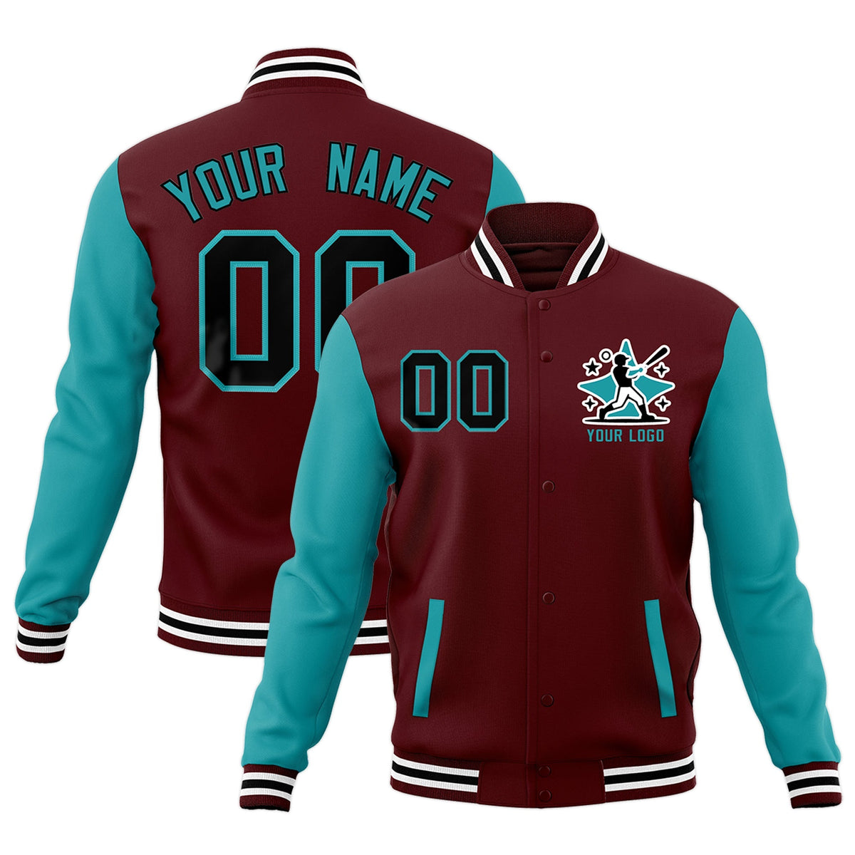Custom Crimson Aqua White Raglan Sleeves Full-Snap Letterman Cotton Fabric Jacket| KXKSHOP