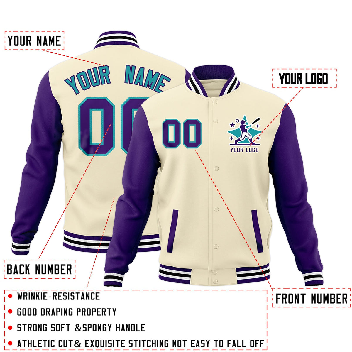 Custom Cream Purple White Raglan Sleeves Full-Snap Letterman Cotton Fabric Jacket| KXKSHOP