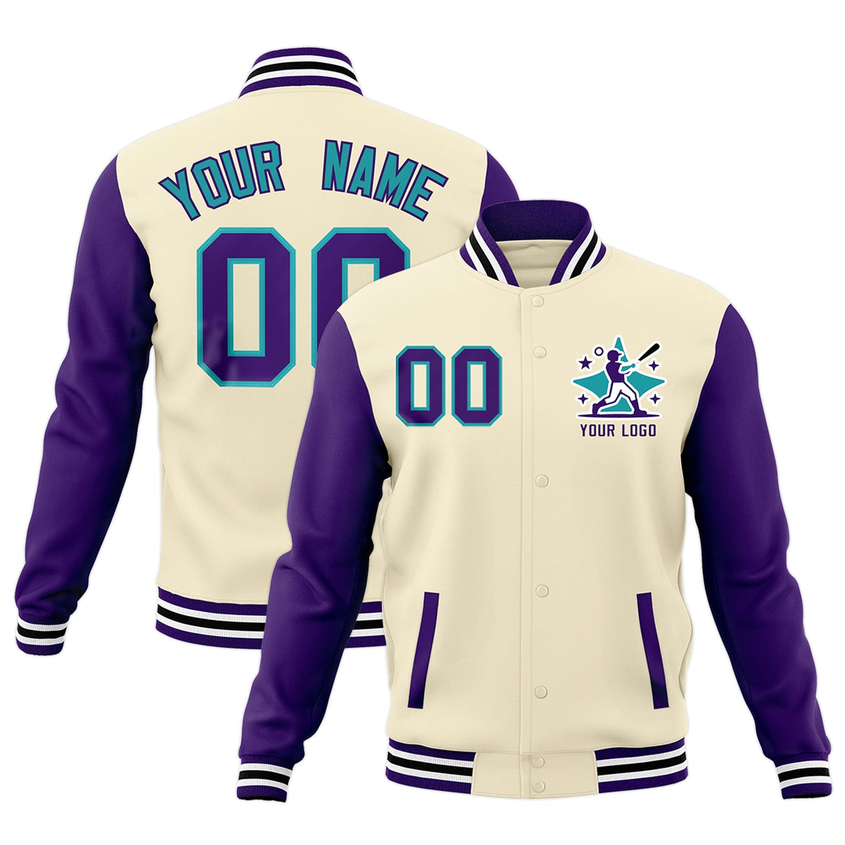 Custom Cream Purple White Raglan Sleeves Full-Snap Letterman Cotton Fabric Jacket| KXKSHOP