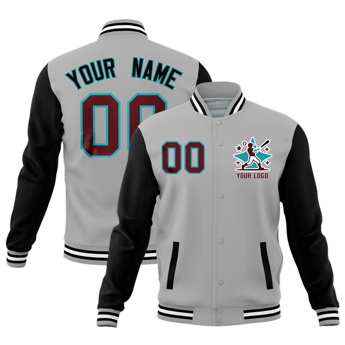 Custom Gray Black White Raglan Sleeves Full-Snap Letterman Cotton Fabric Jacket| KXKSHOP